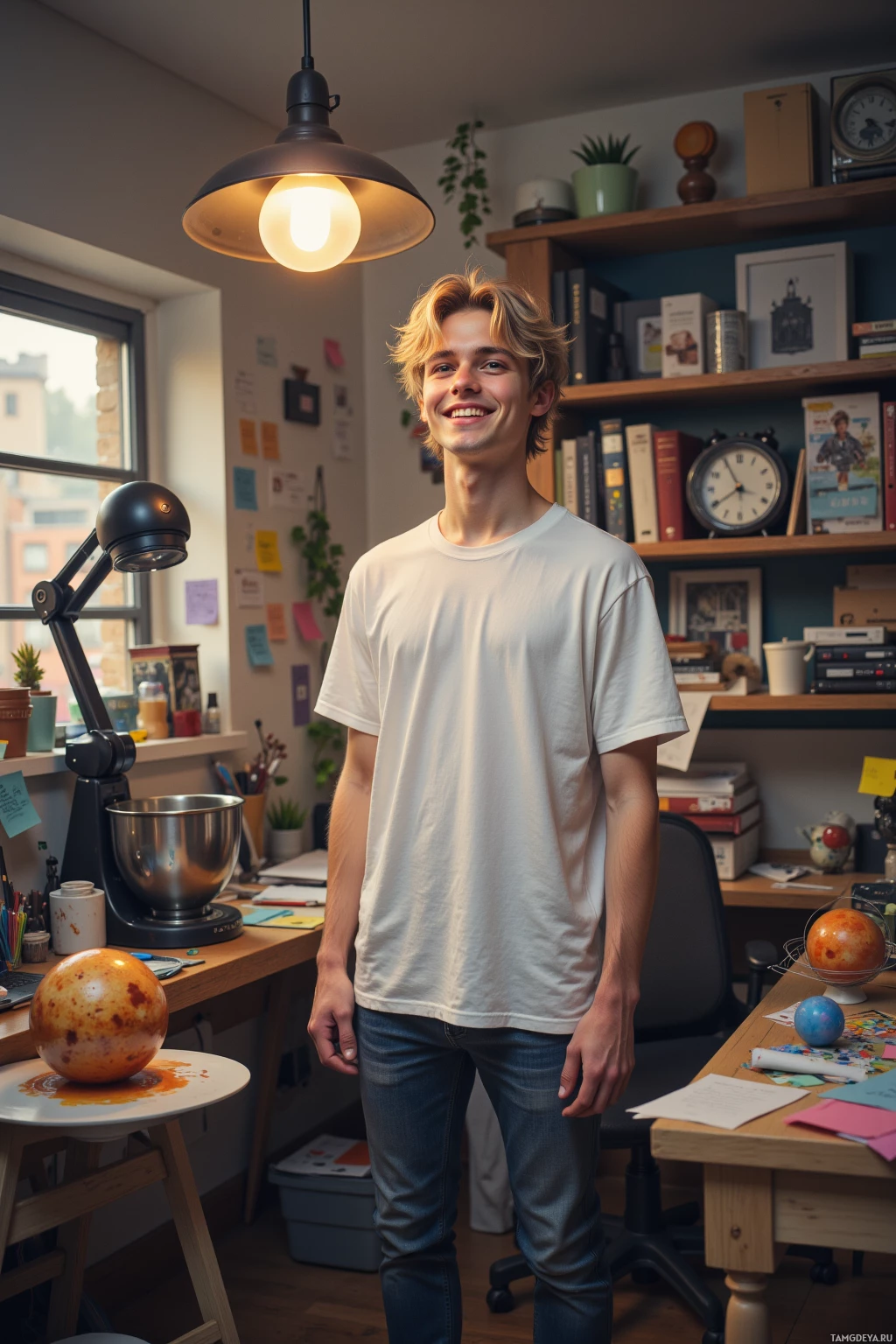 A young man stands in a cozy, cluttered room with shelves filled with books and personal items.