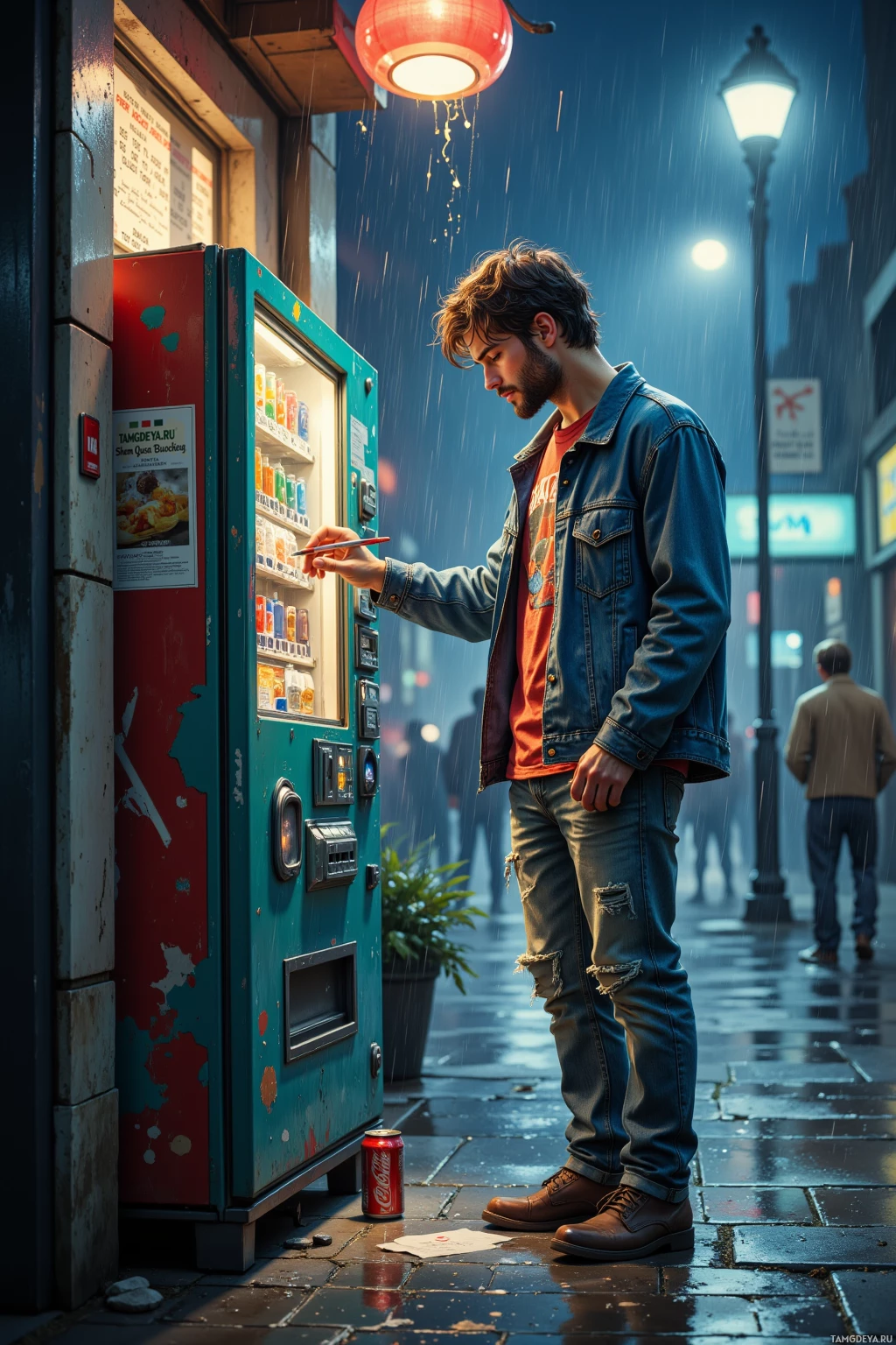 A man stands in the rain by a vending machine, selecting a drink.