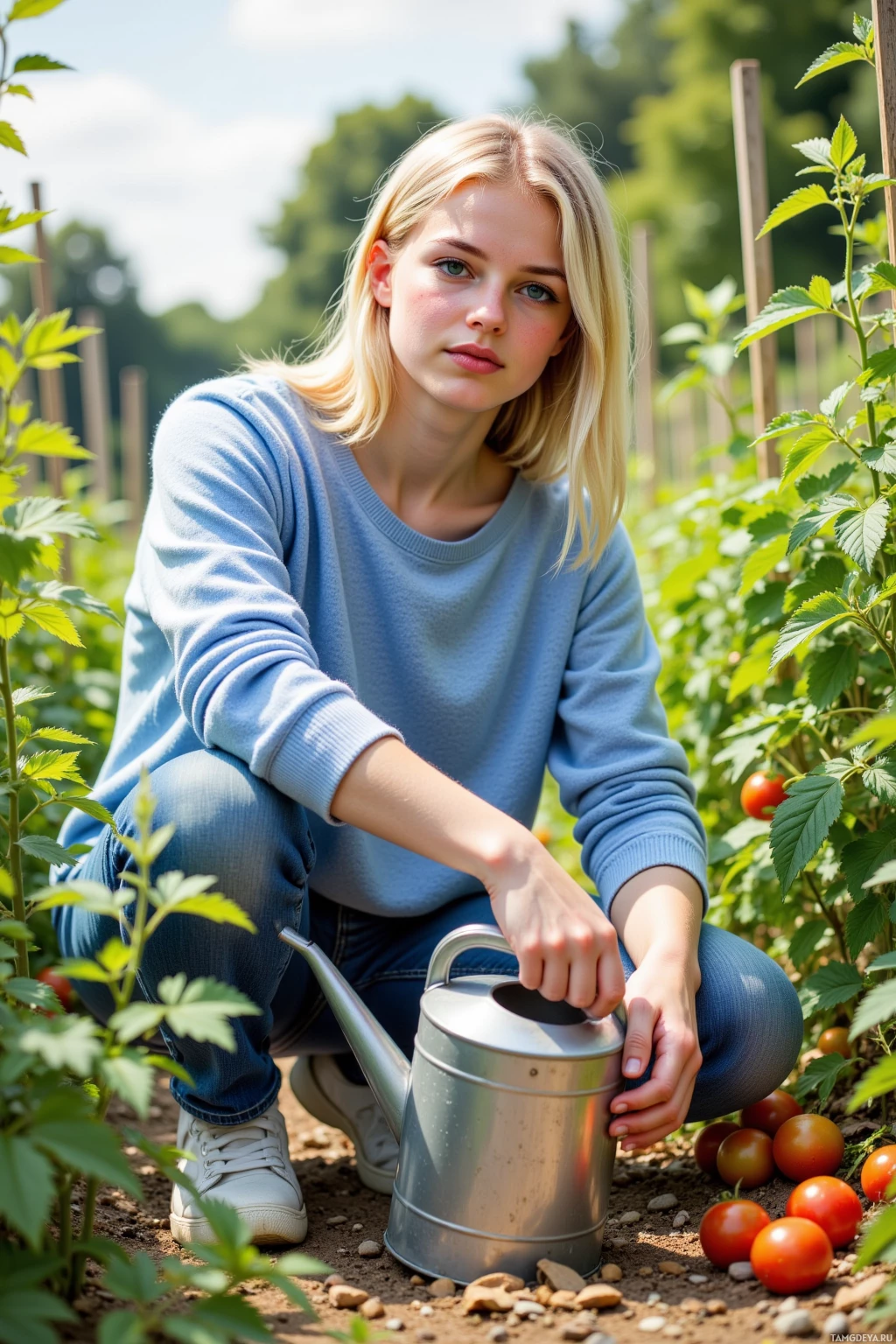 A person in a garden holding a watering can.