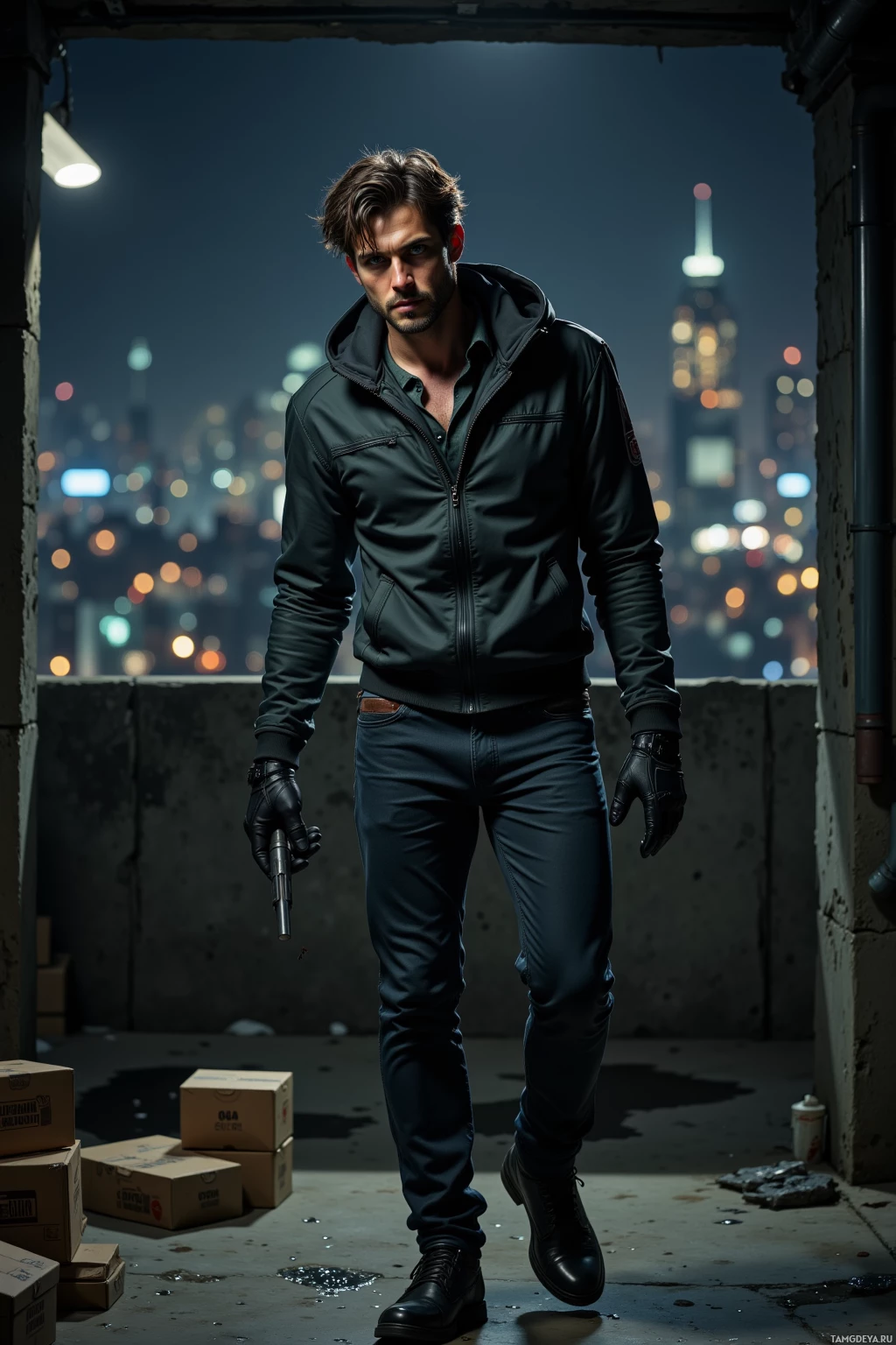 A man in a dark jacket and jeans stands in a dimly lit alleyway, holding a gun, with a cityscape in the background.