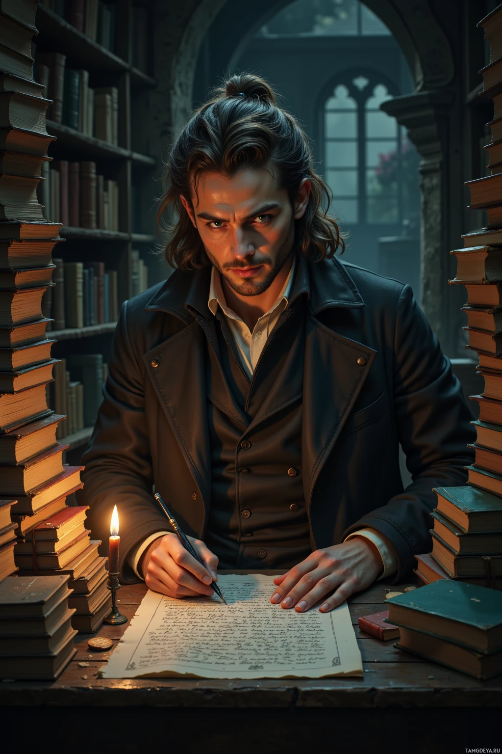 A man in a leather jacket sits at a desk surrounded by books, writing with a quill pen.