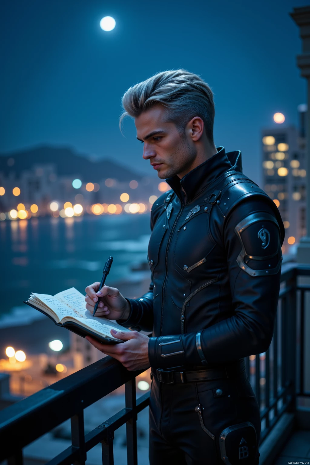 A man in a black leather outfit writes in a notebook on a balcony at night.