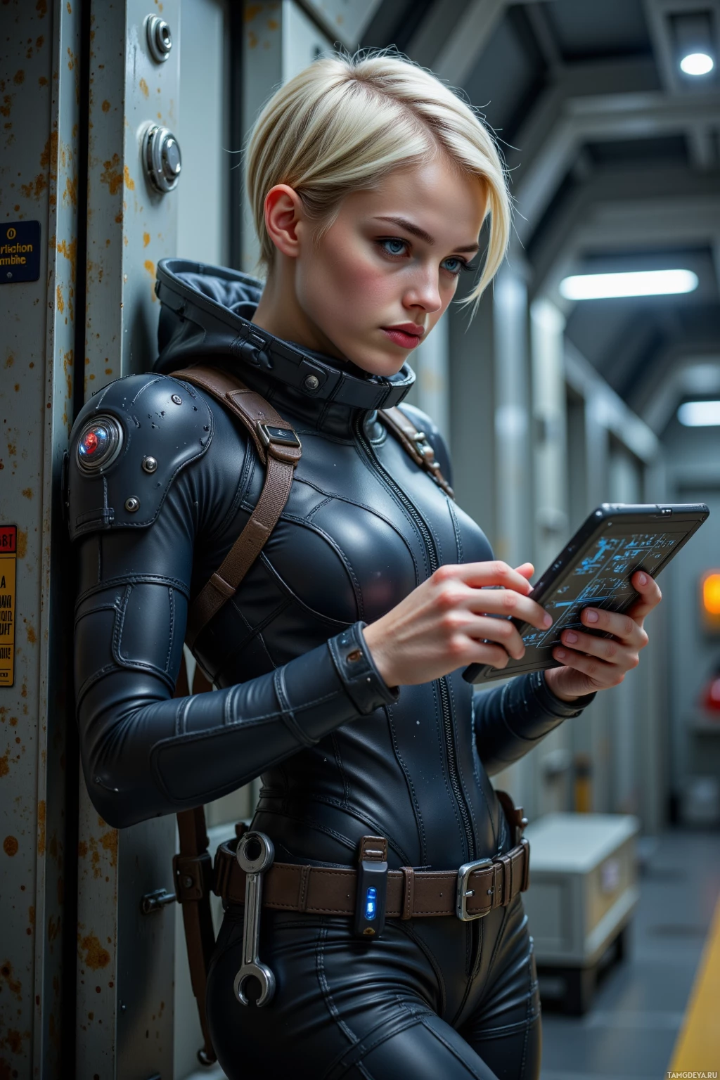 A person in a futuristic outfit uses a tablet in a metallic, industrial setting.