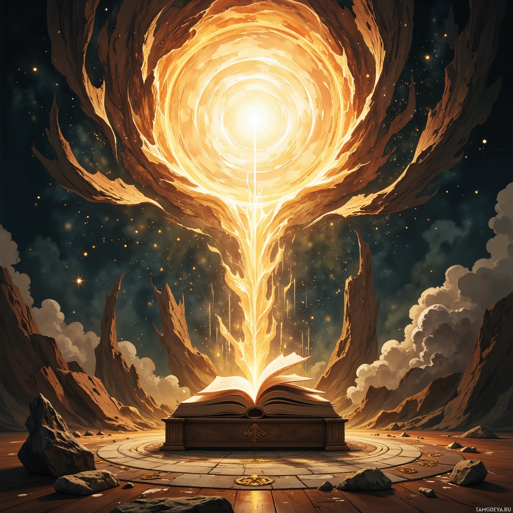 A glowing portal emitting light and energy from an open book in a mystical landscape.