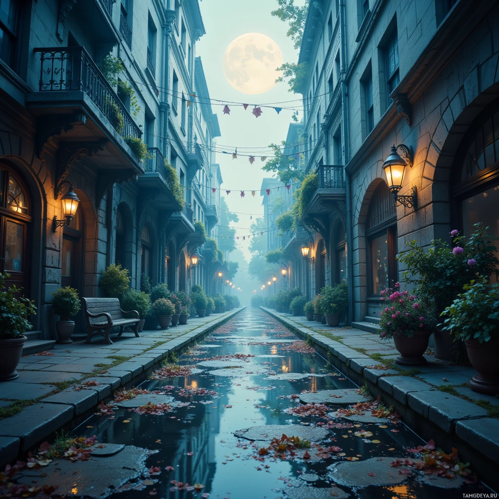 A serene, moonlit alley lined with stone buildings, potted plants, and hanging lights.