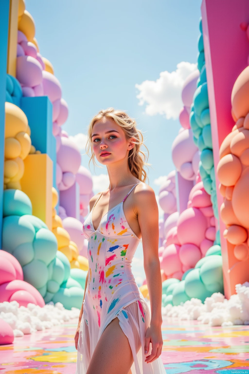 A woman stands in a vibrant, colorful setting with large, rounded shapes and a bright sky.