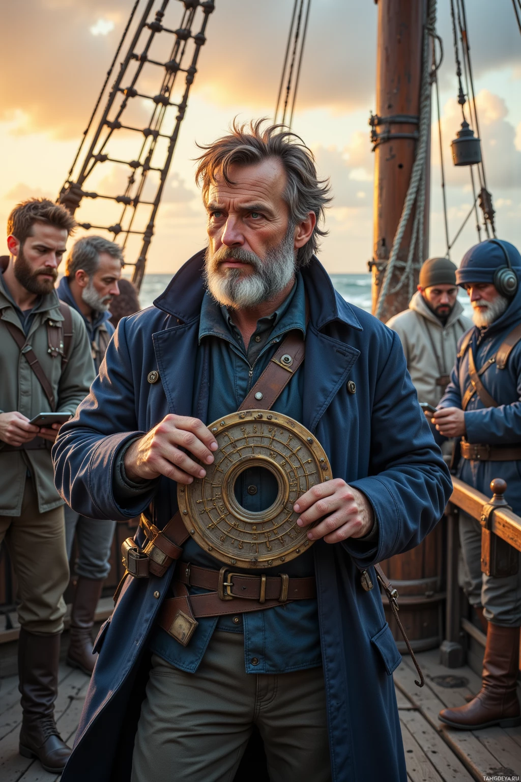 A man in a blue coat holds a navigational compass on a ship at sunset.