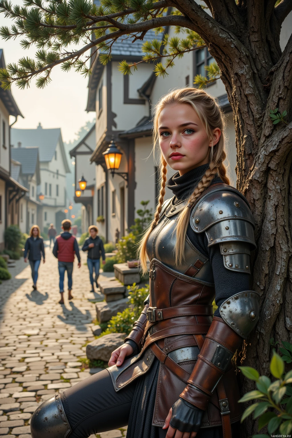 A person in medieval-style armor leans against a tree in a cobblestone street with people walking in the background.