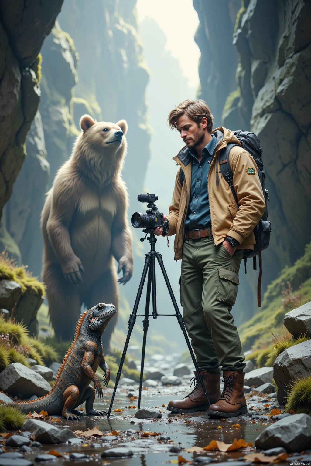 A man with a camera and a bear in a rocky canyon.