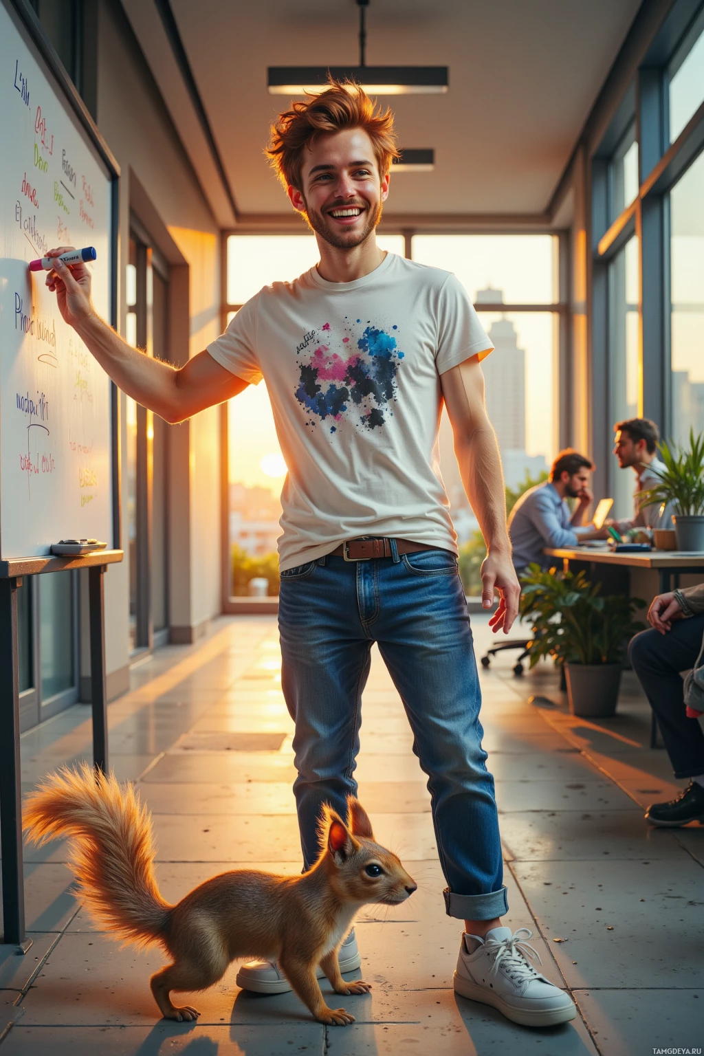 A man in a casual outfit stands in an office, smiling while a squirrel stands on the floor beside him.