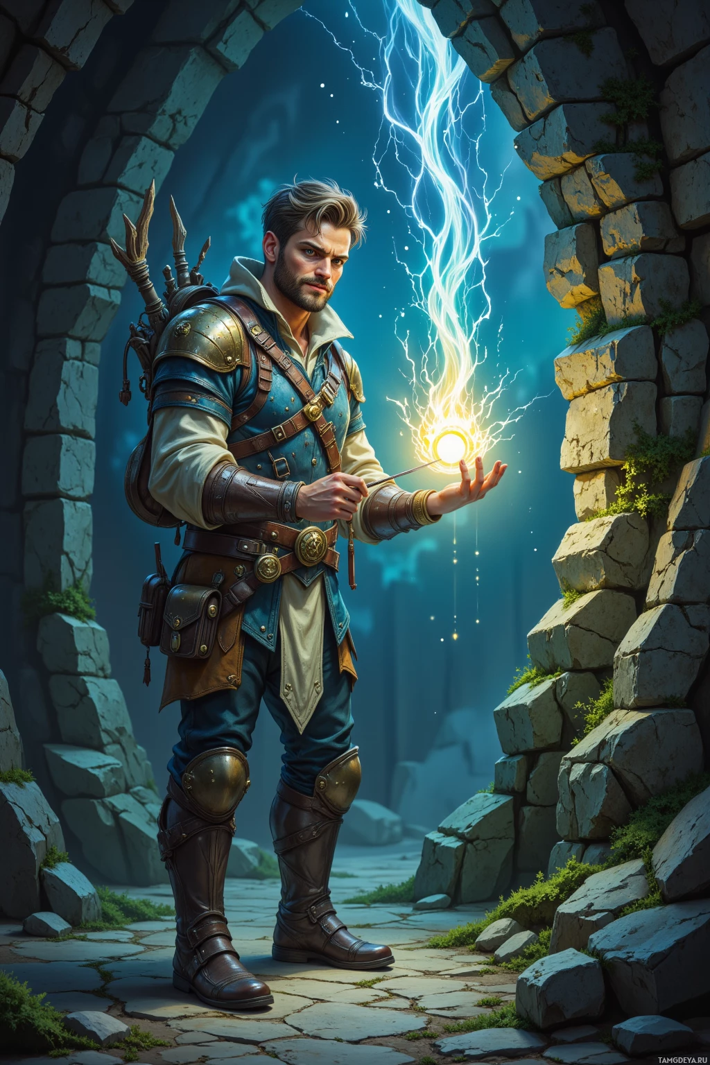 A wizard in armor stands in a stone archway, casting a spell with a glowing wand.