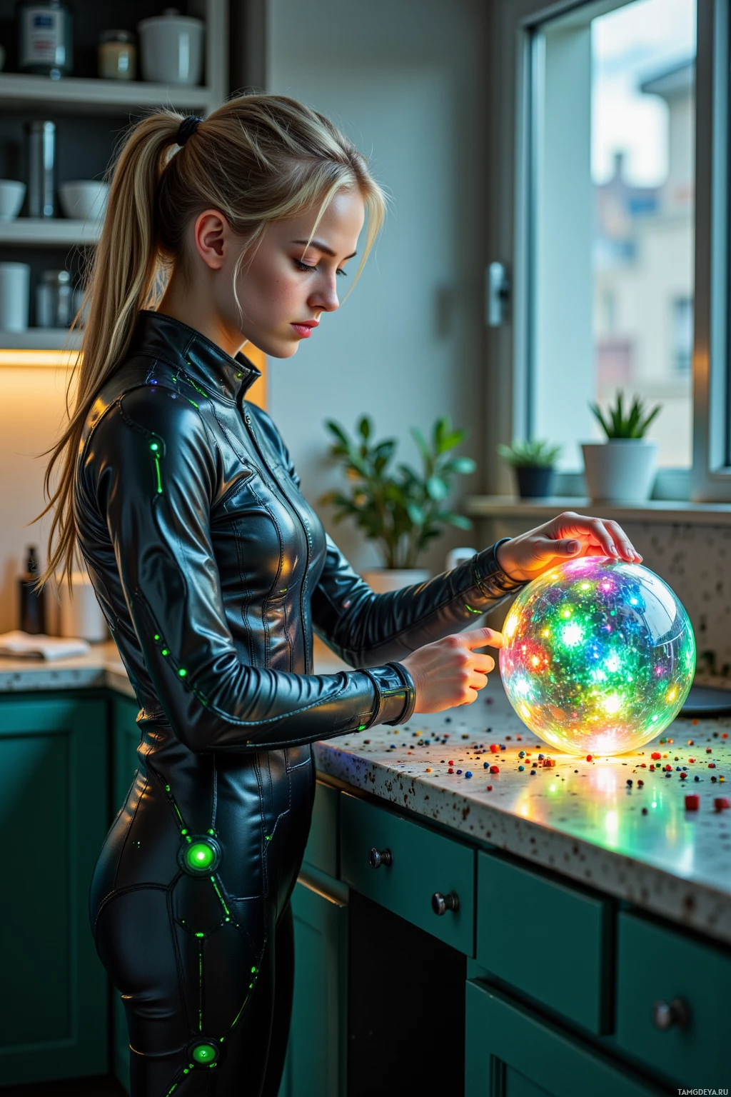 A woman in a futuristic outfit interacts with a glowing, colorful orb in a modern kitchen setting.