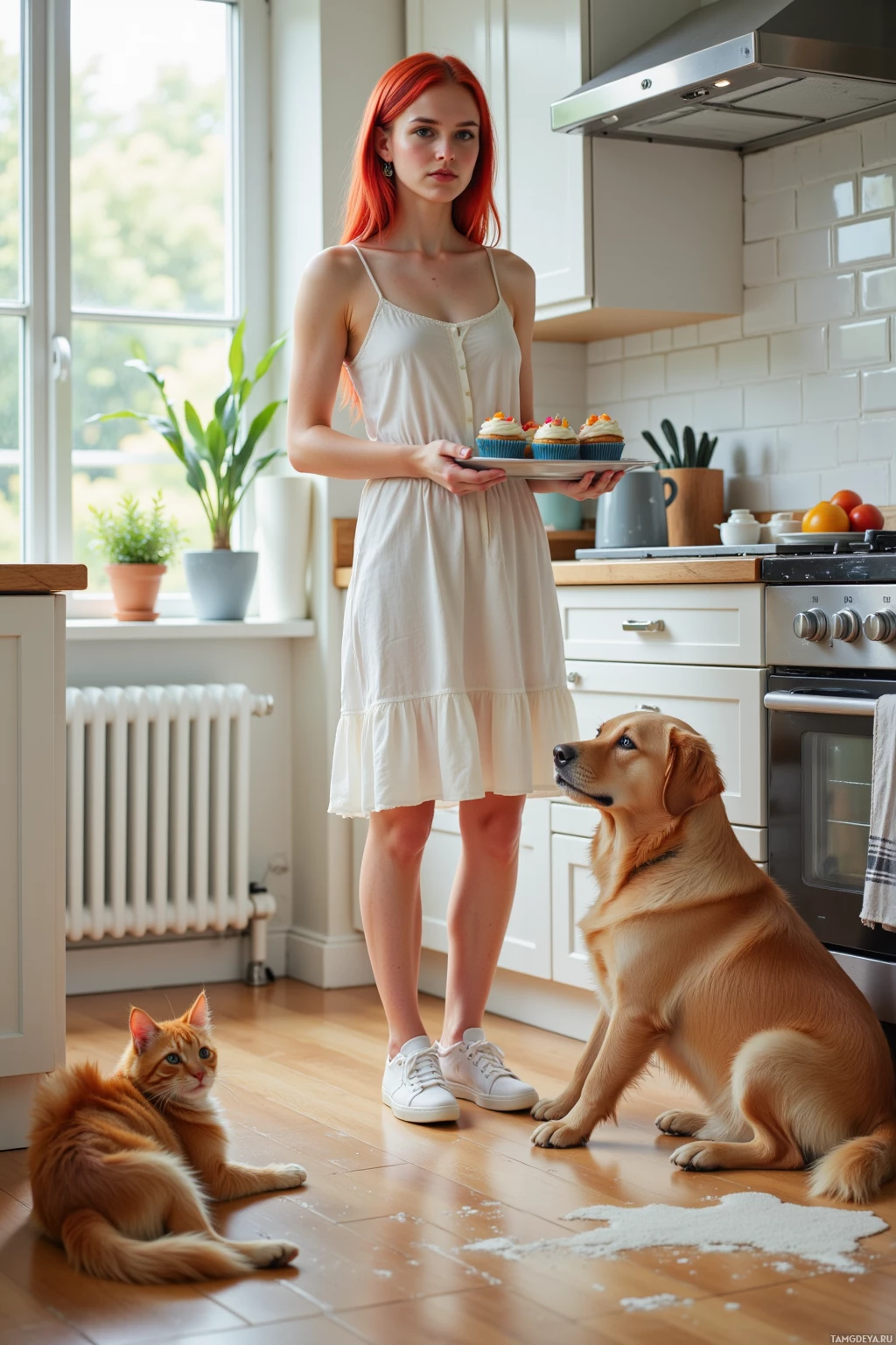 A woman in a white dress stands in a kitchen holding a plate of cupcakes, with a dog and a cat nearby.