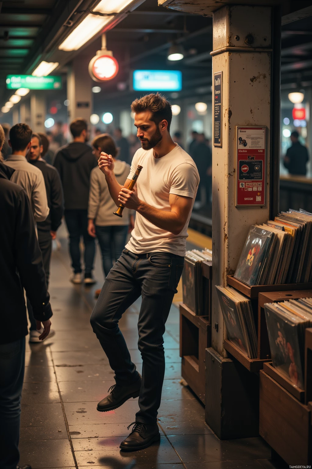 A man in a subway station holds a small object while standing near a record display.
