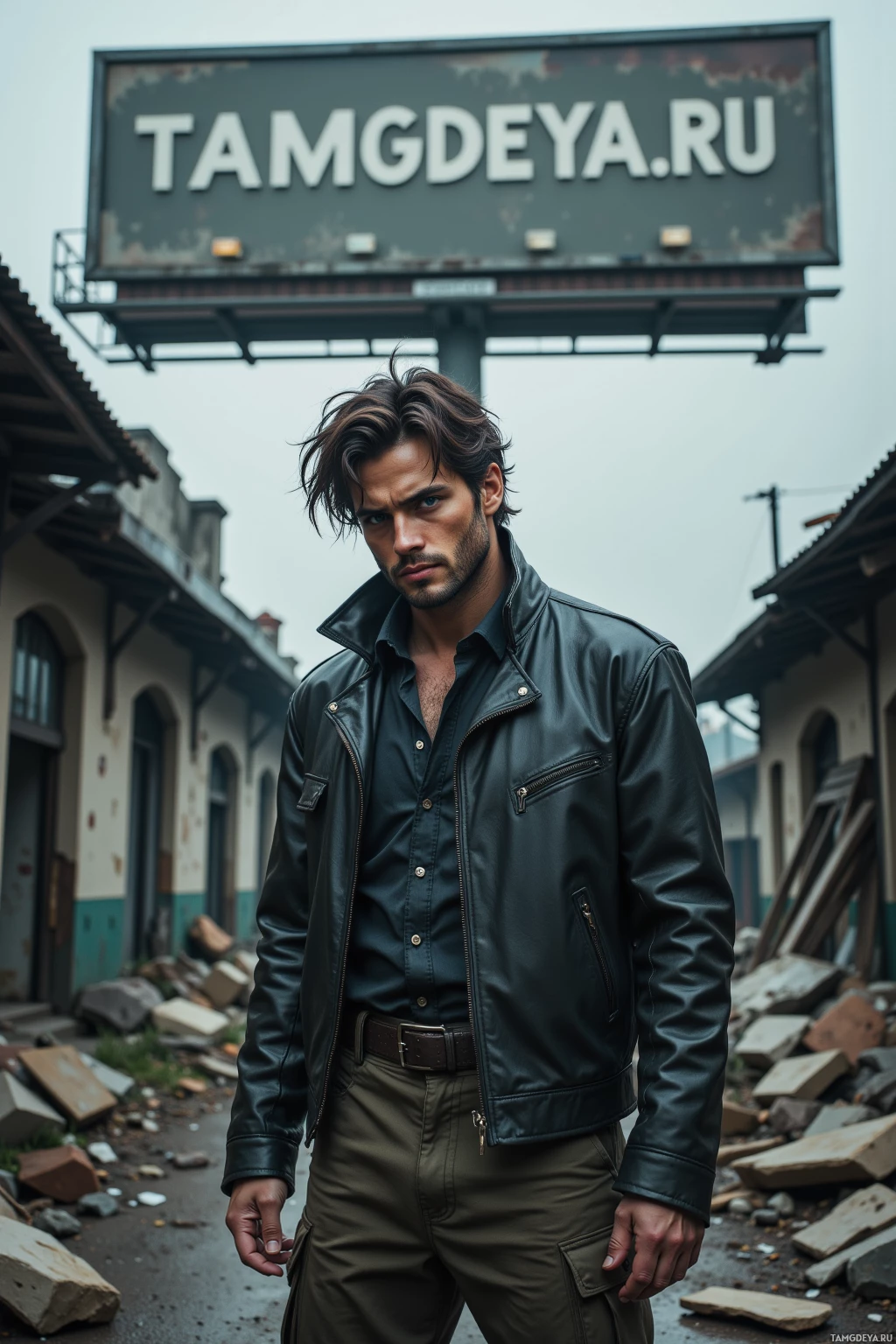 A man stands in front of a dilapidated billboard in an urban setting.