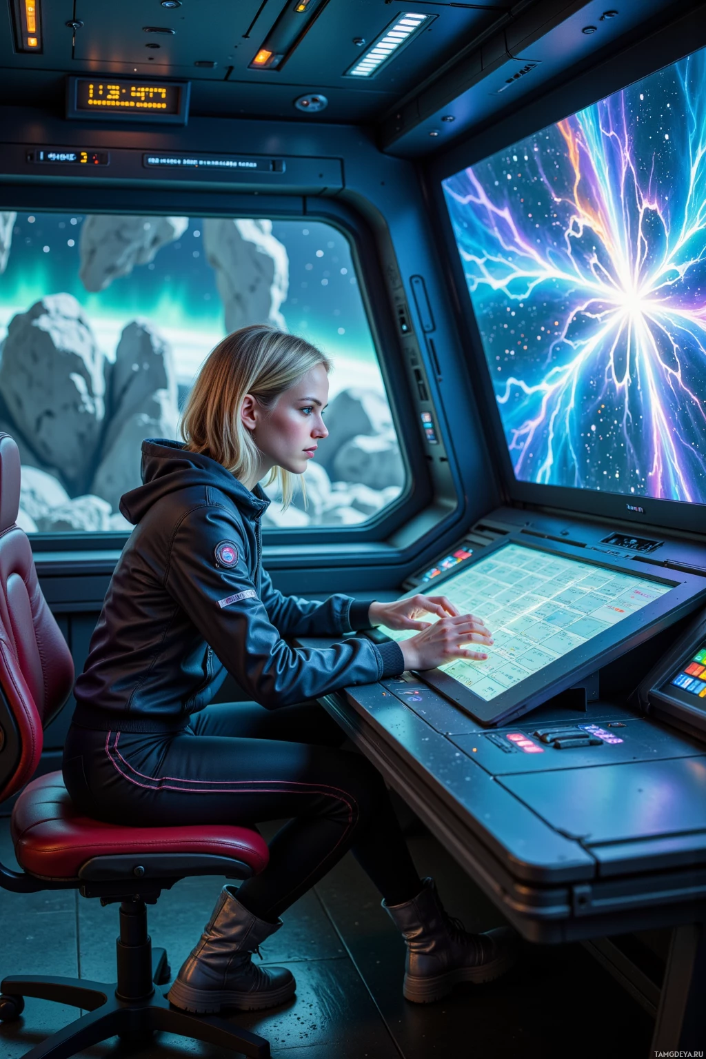 A person is seated at a futuristic control panel, gazing at a vibrant display of cosmic imagery.