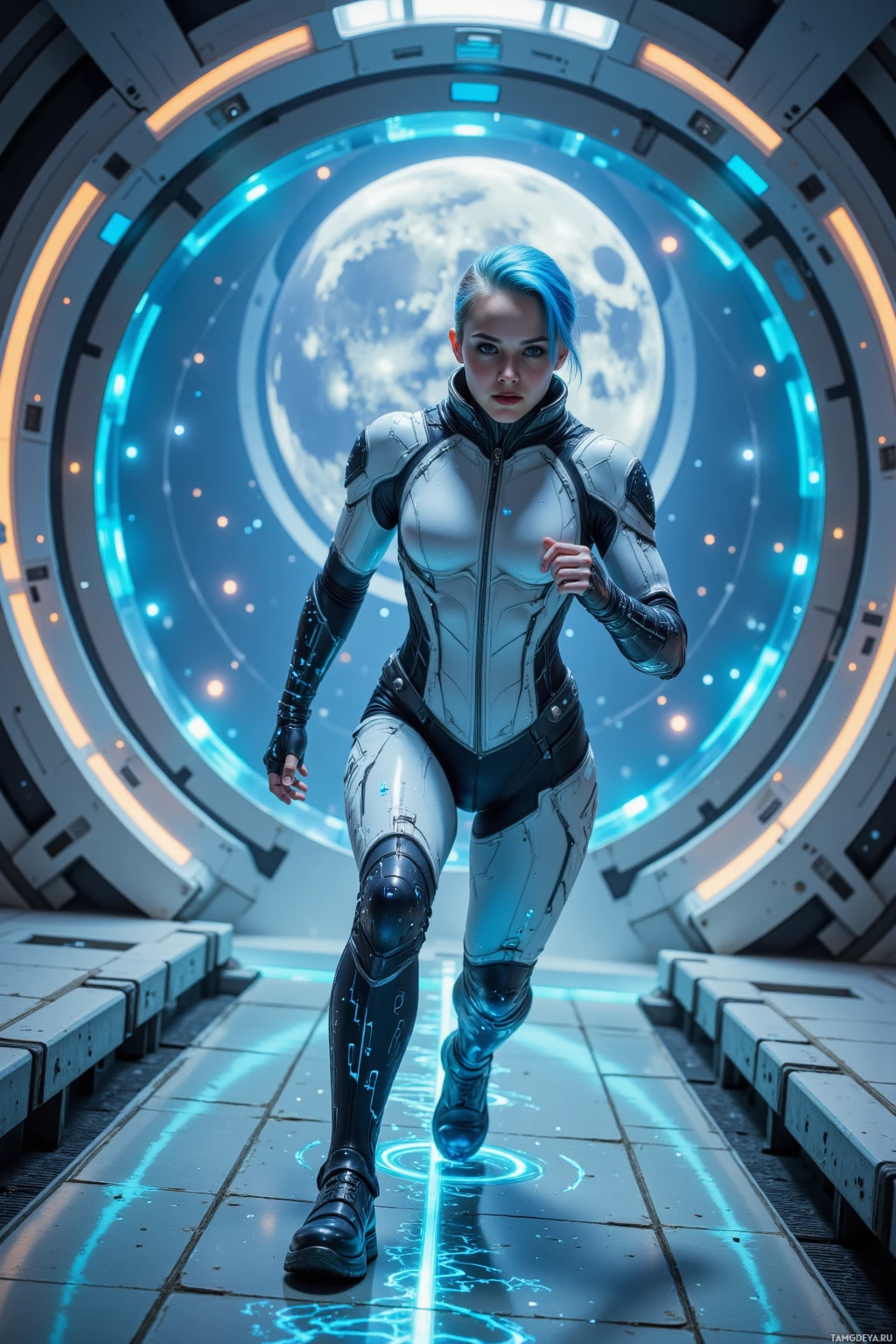 A futuristic woman in a sleek, metallic suit runs through a glowing, sci-fi tunnel.