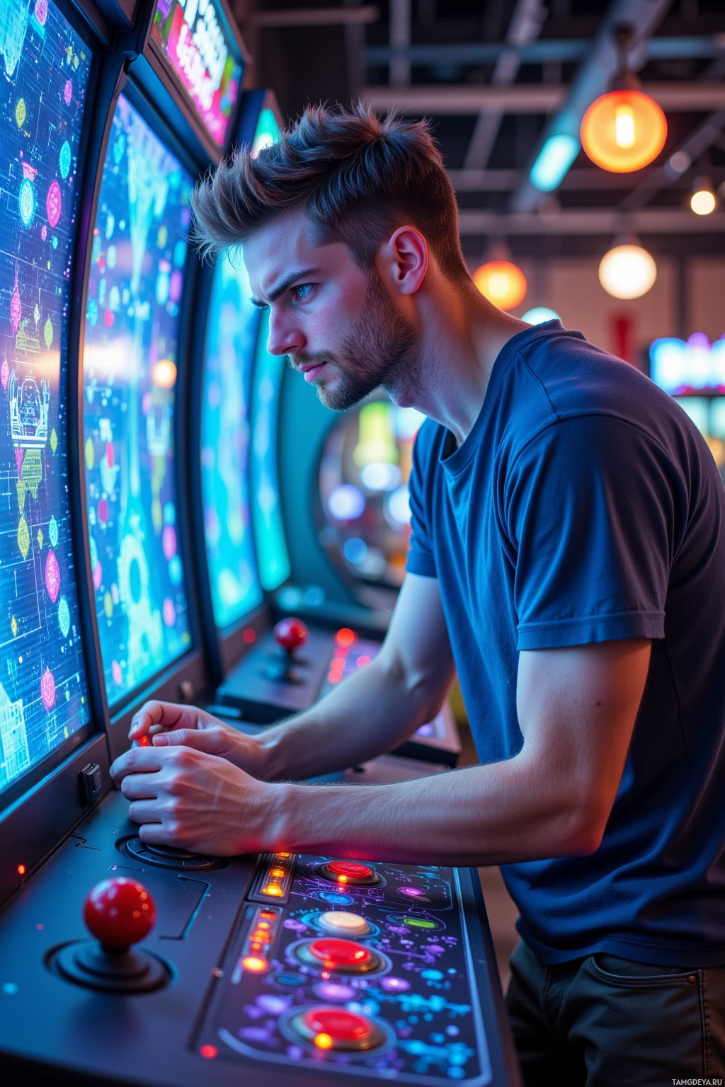 A man plays an arcade game with a colorful screen and illuminated buttons.