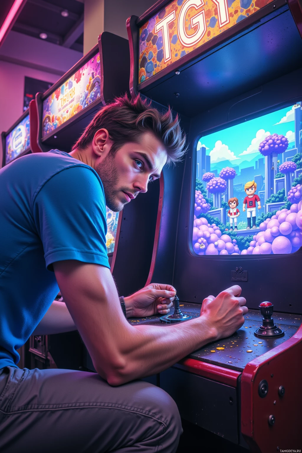 A person is playing an arcade game with a colorful screen and controls.