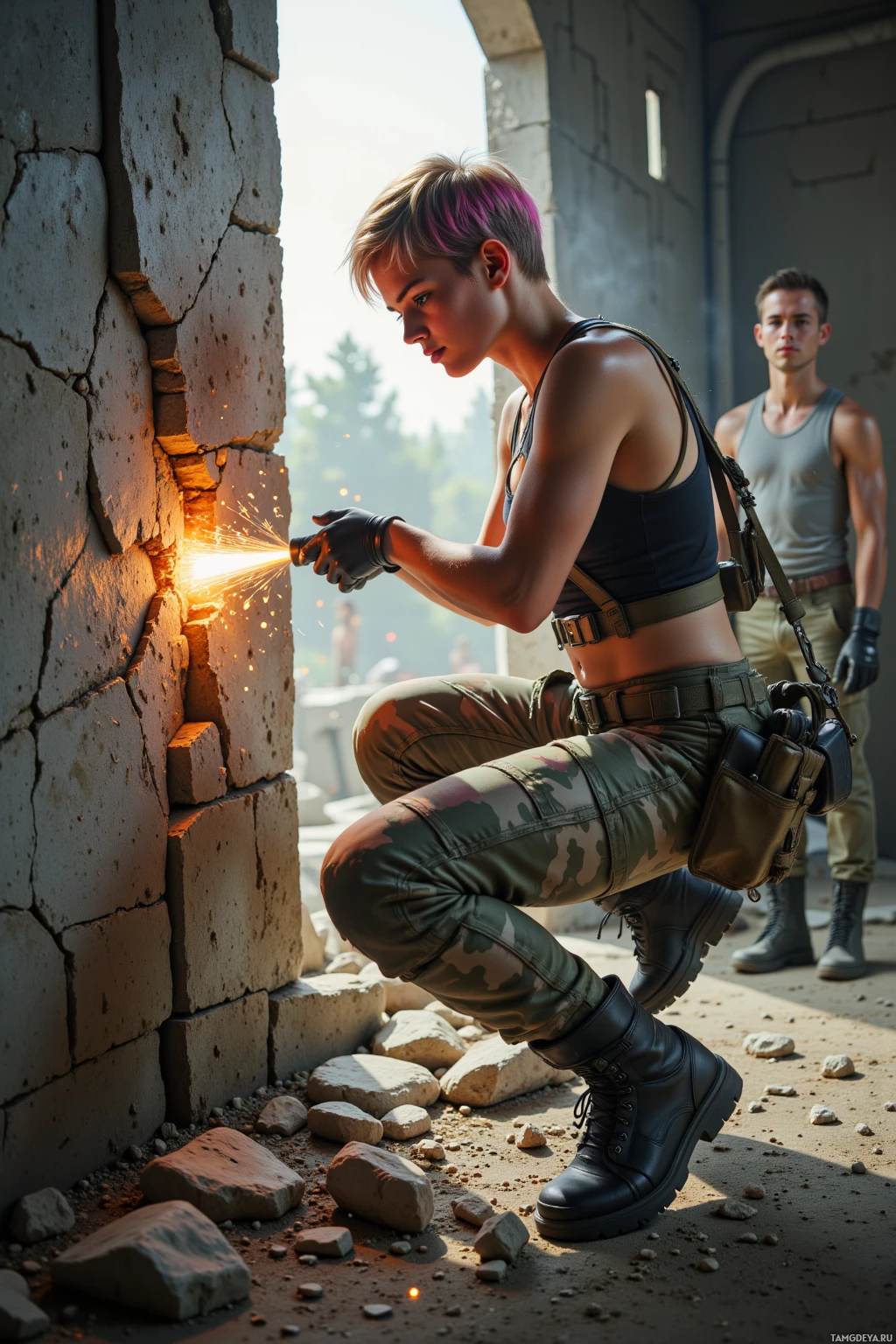 A person in military attire uses a tool to cut through a brick wall while another person stands nearby.