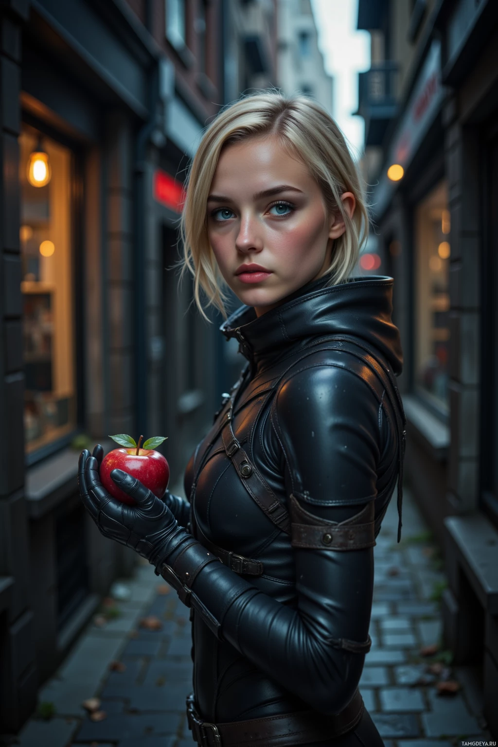 A person in a black leather outfit holds a red apple in a narrow alleyway.