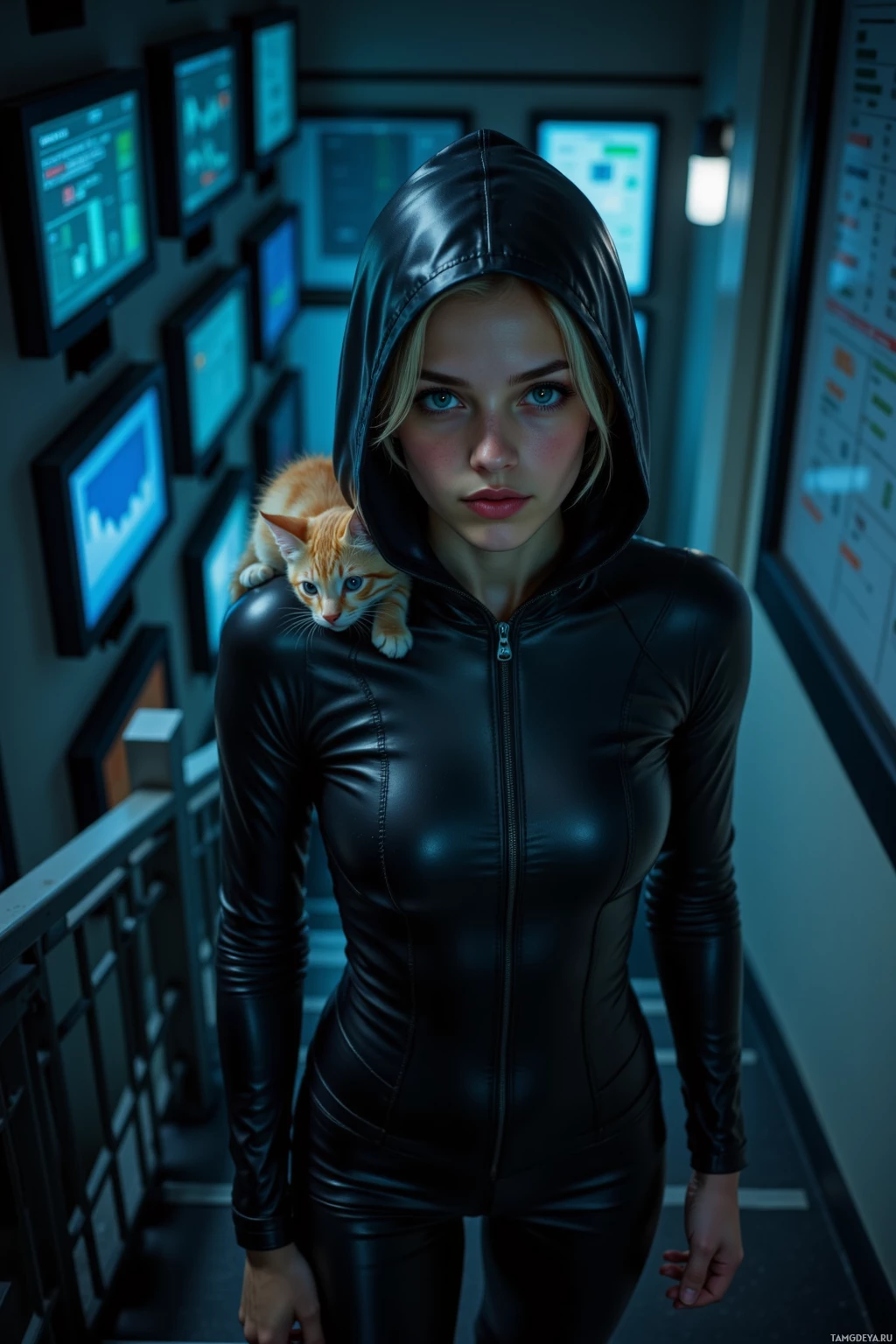 A person in a black hooded outfit stands in a futuristic control room with a cat perched on their shoulder.