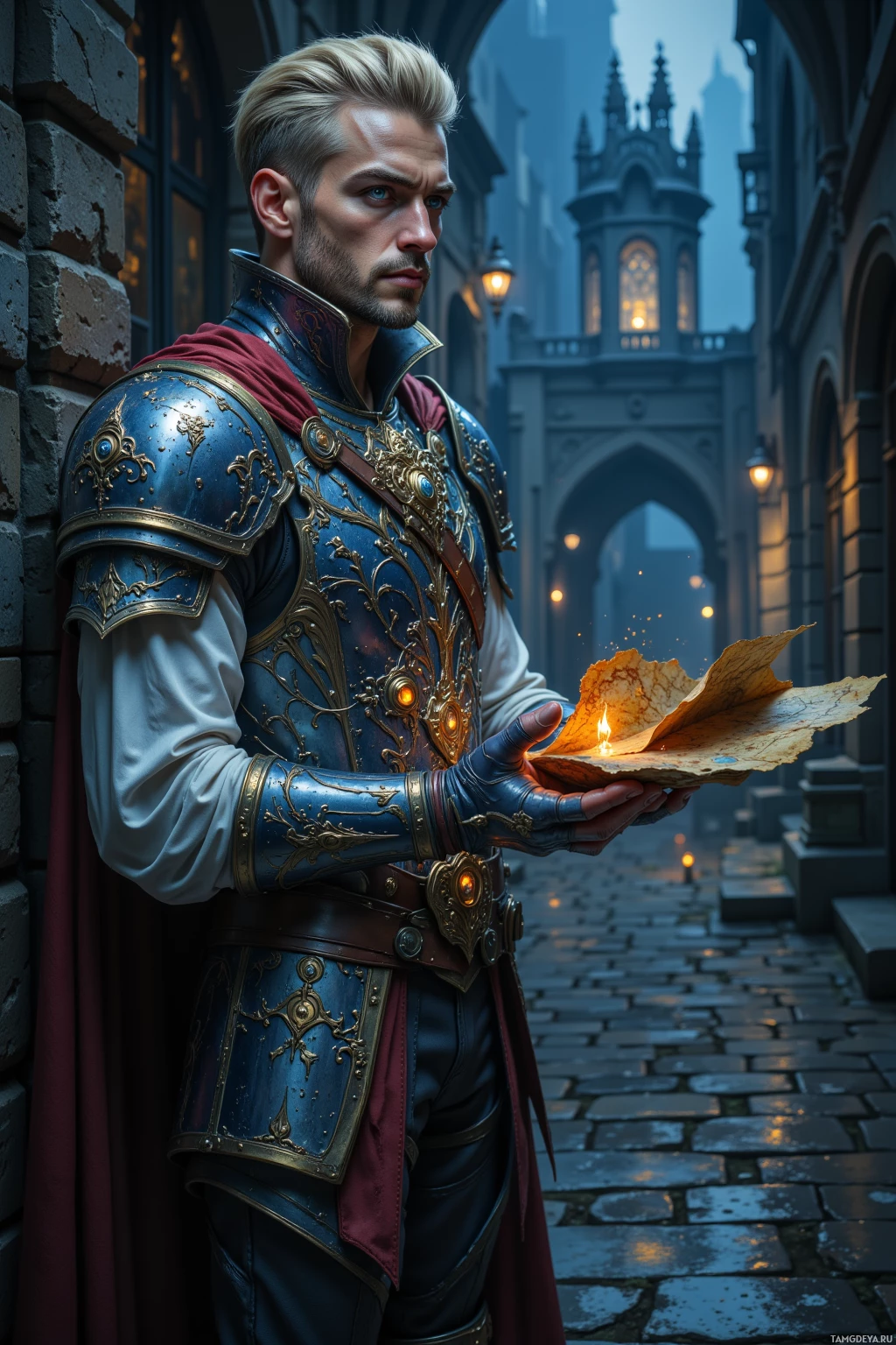 A knight in ornate armor holds a glowing map in a dimly lit alleyway.