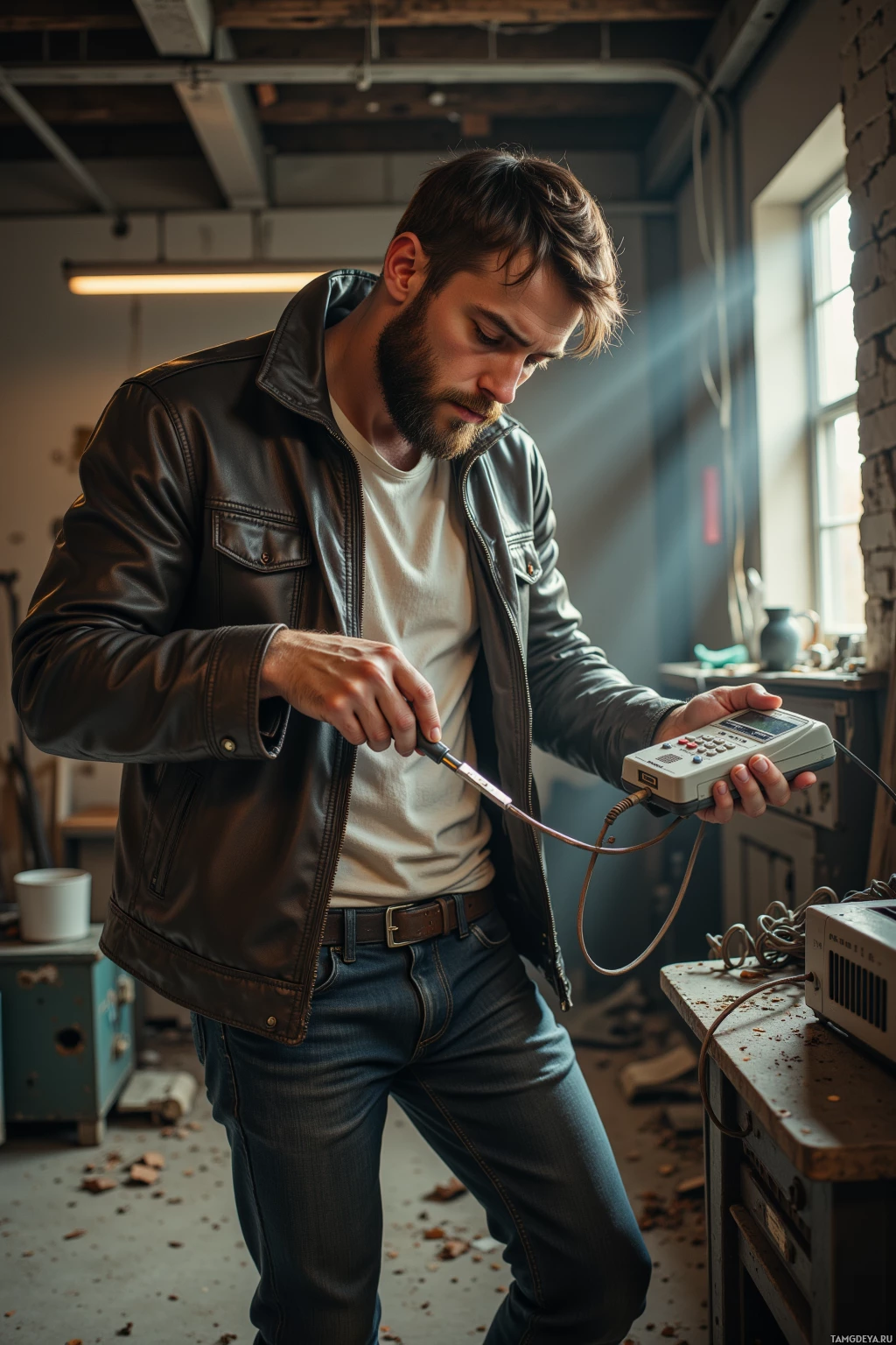 A man in a leather jacket uses a handheld device in a workshop setting.