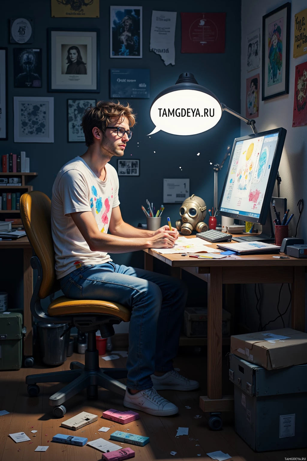 A person is sitting at a desk in a cluttered room, working on a computer with a speech bubble above their head.