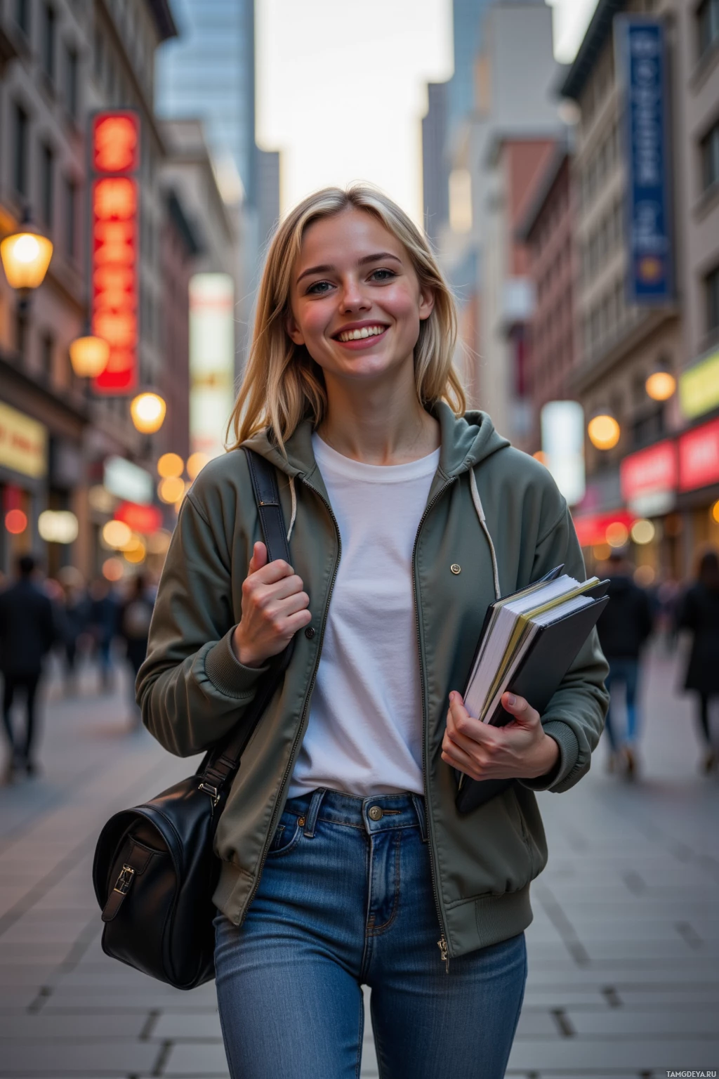 A young woman walks down a city street, carrying books and a bag.