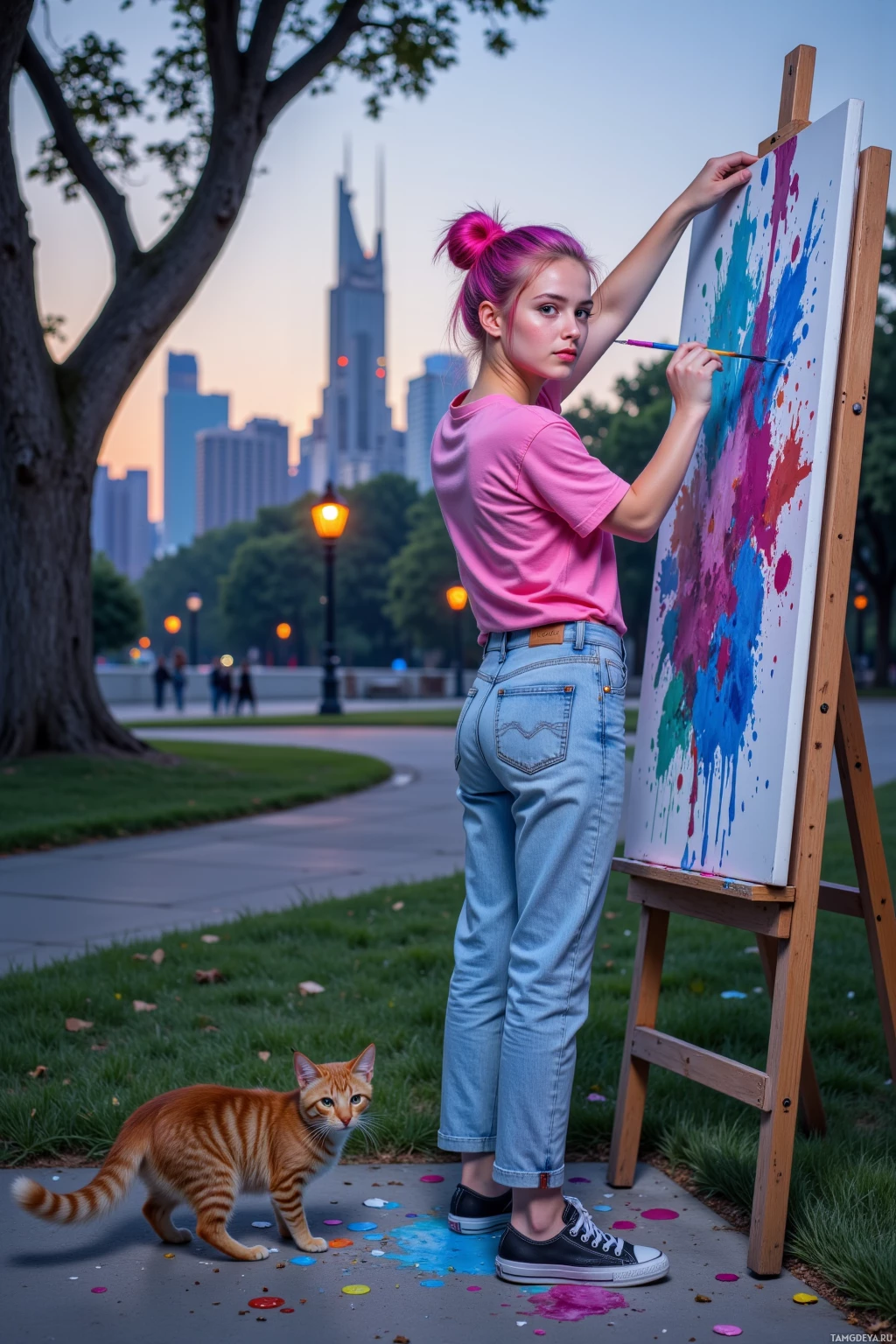 A person in a pink shirt and jeans paints on an easel in a park with a city skyline in the background.