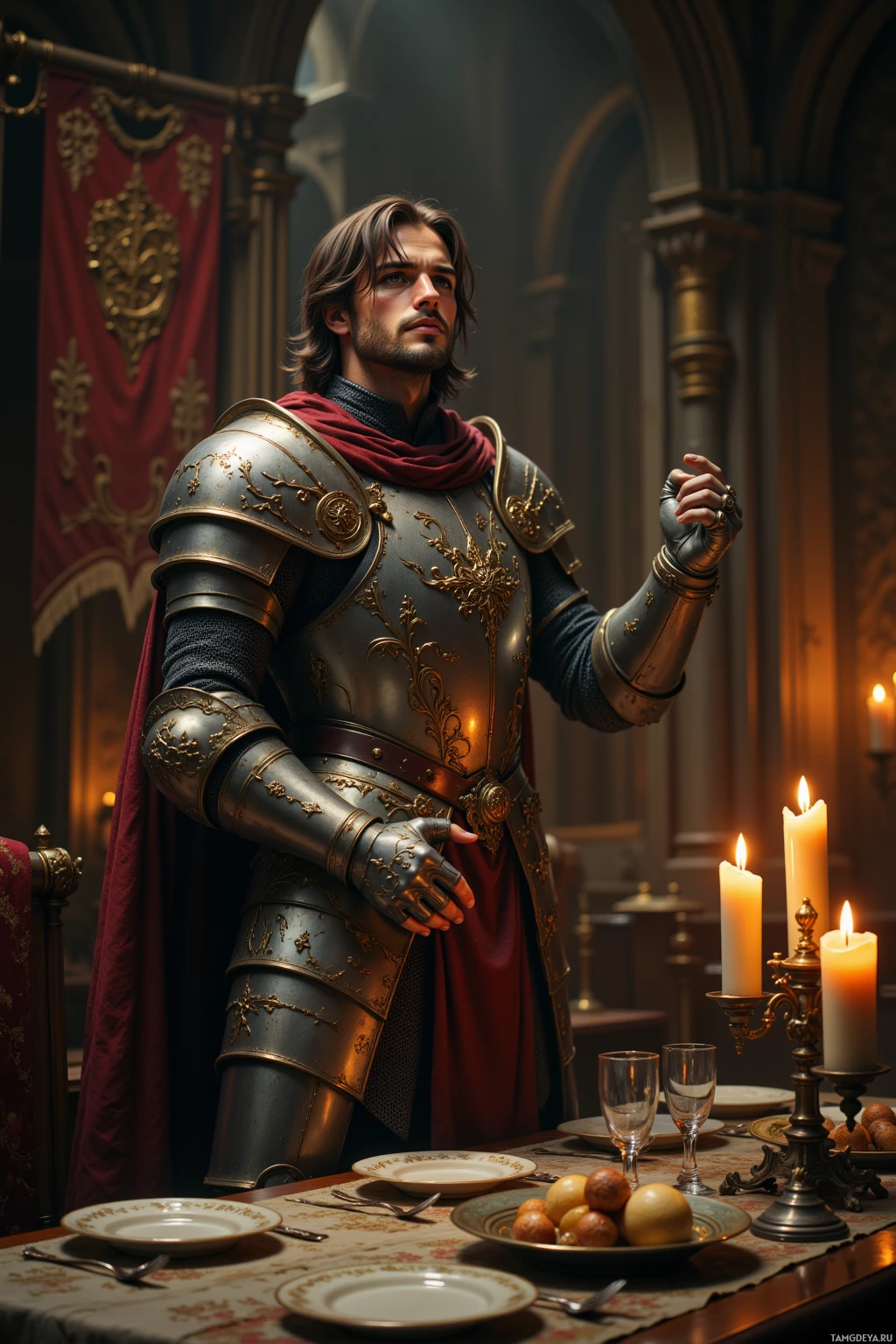 A knight in ornate armor stands beside a table set for a meal in a dimly lit, grand hall.