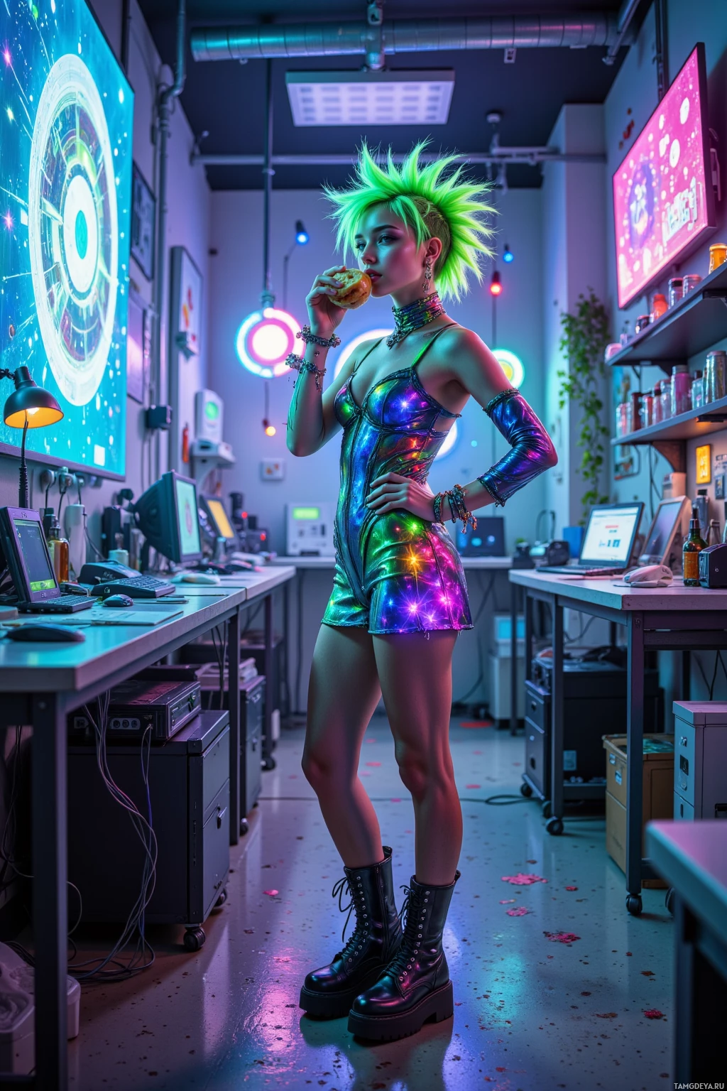 A person with vibrant green hair stands in a futuristic office, wearing a reflective, multicolored outfit and black boots, holding a snack.