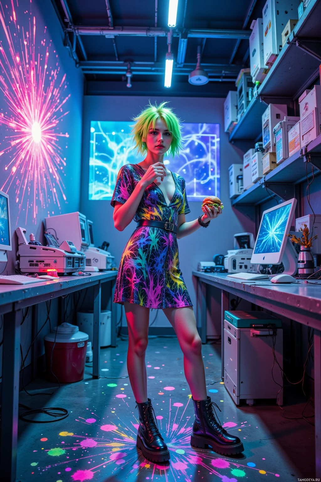A person with vibrant green hair stands in a neon-lit room holding a burger, surrounded by retro tech and colorful splatters on the floor.