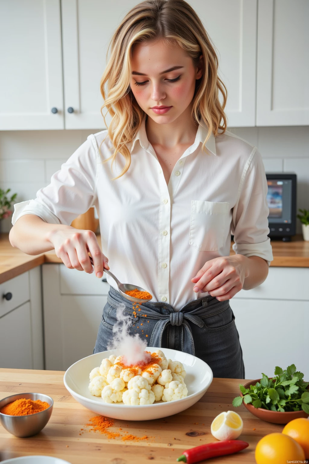A person sprinkles seasoning over a bowl of cauliflower in a kitchen setting.