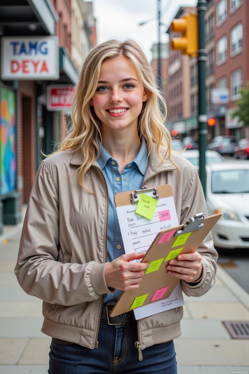 A woman stands on a city street holding a clipboard with notes.