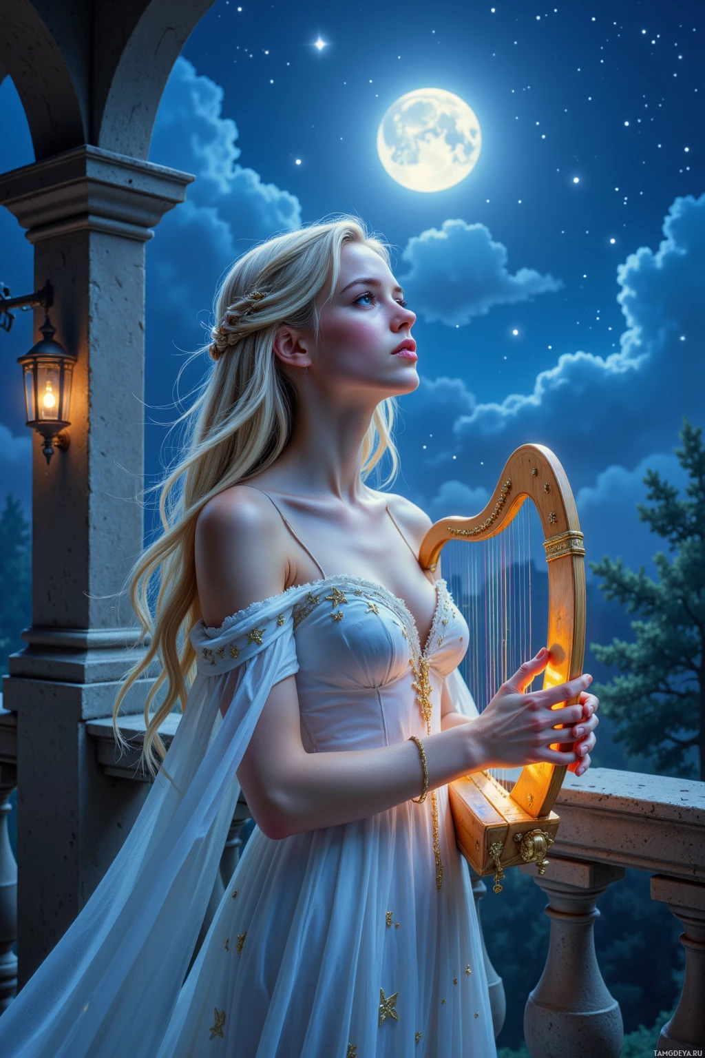 A woman in a white dress holds a harp under a night sky with a full moon.