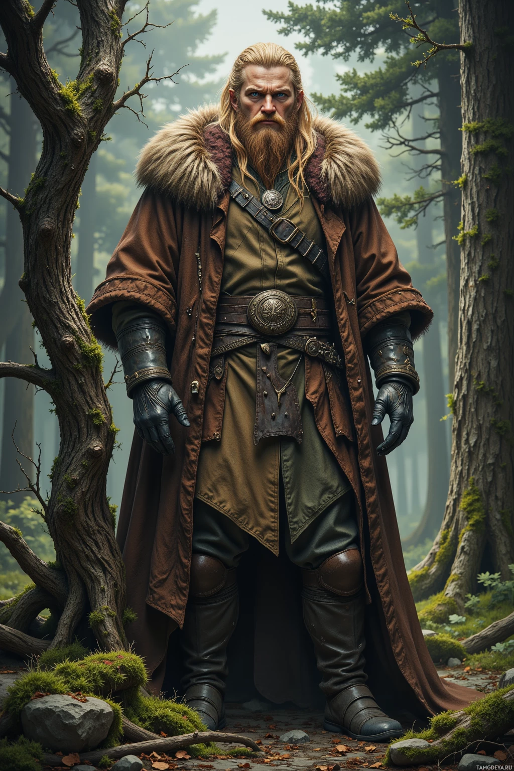 A man in a medieval-style outfit stands in a forest.