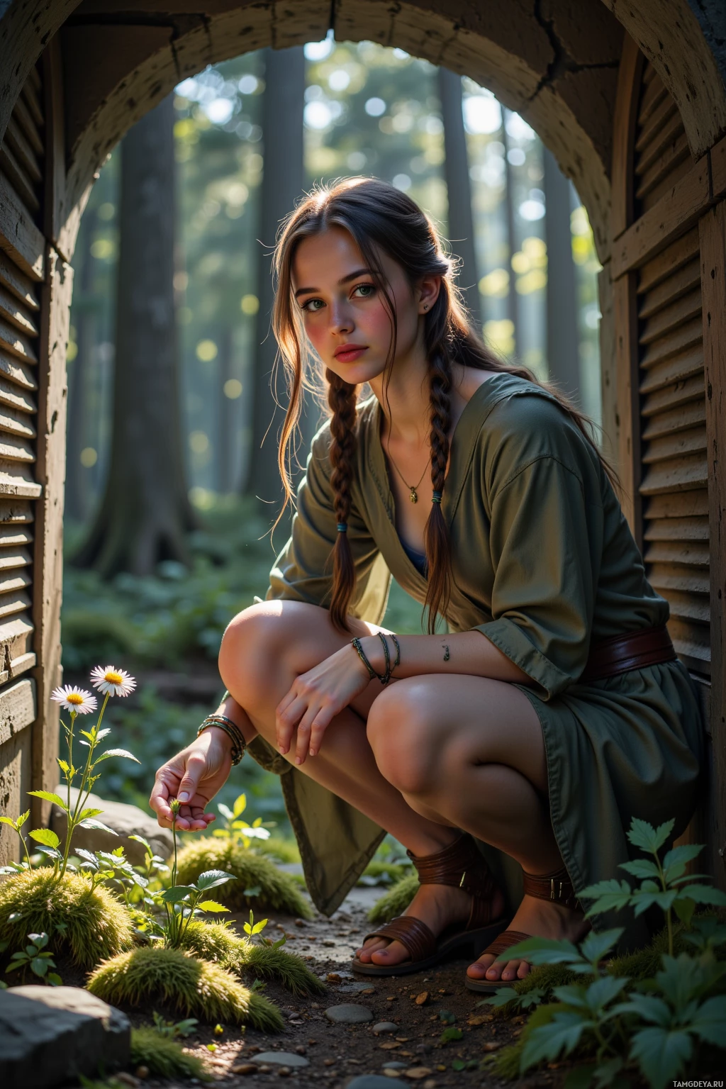 A woman in a green dress crouches by a forest path, holding a flower.