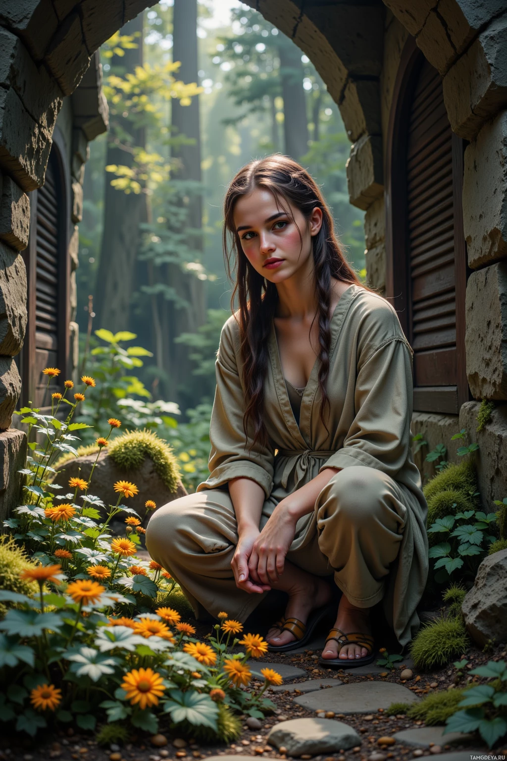A woman in a green robe sits in a stone alcove surrounded by lush greenery and flowers.