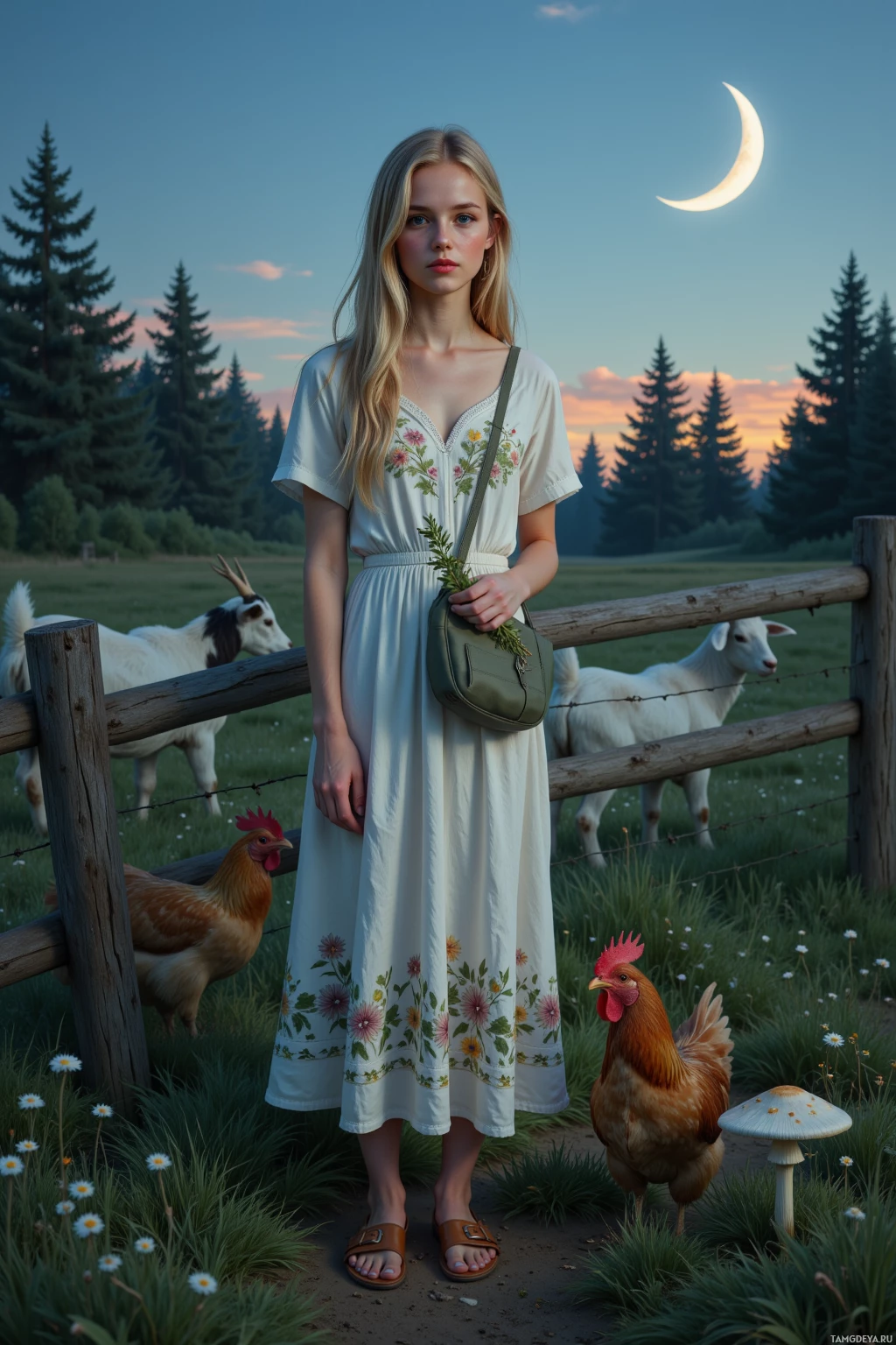 A woman stands in a pastoral setting with goats, a rooster, and a crescent moon in the sky.