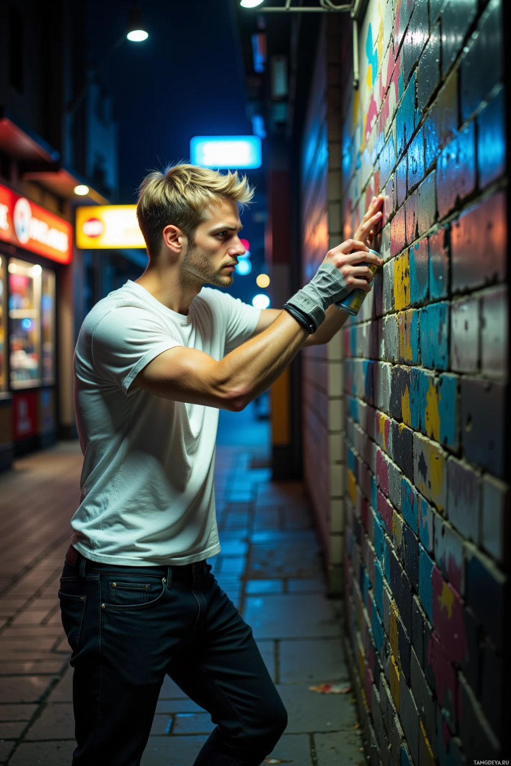 A man spray-painting a colorful mural on a brick wall at night.