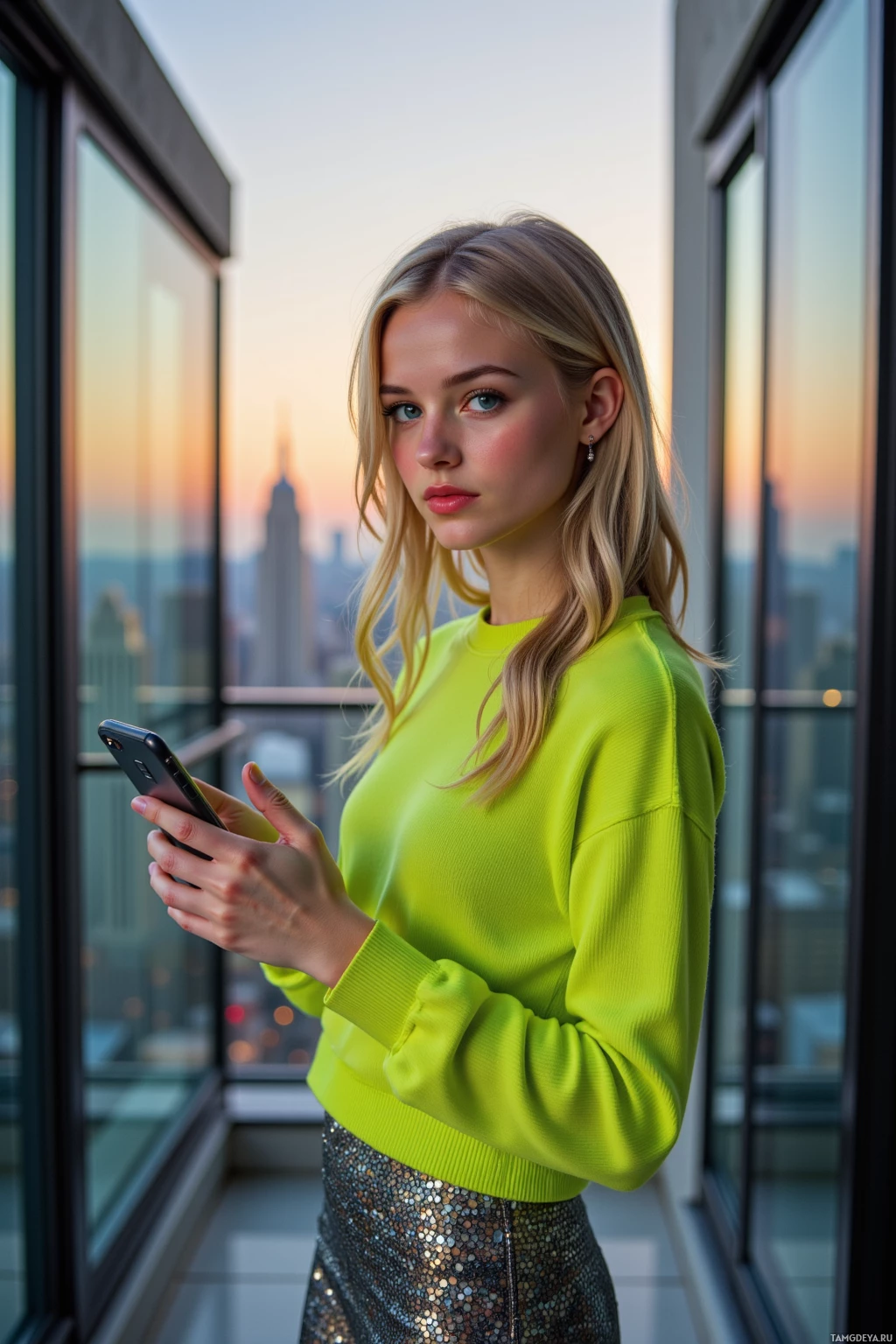 A woman in a bright green sweater stands by a window, holding a phone.