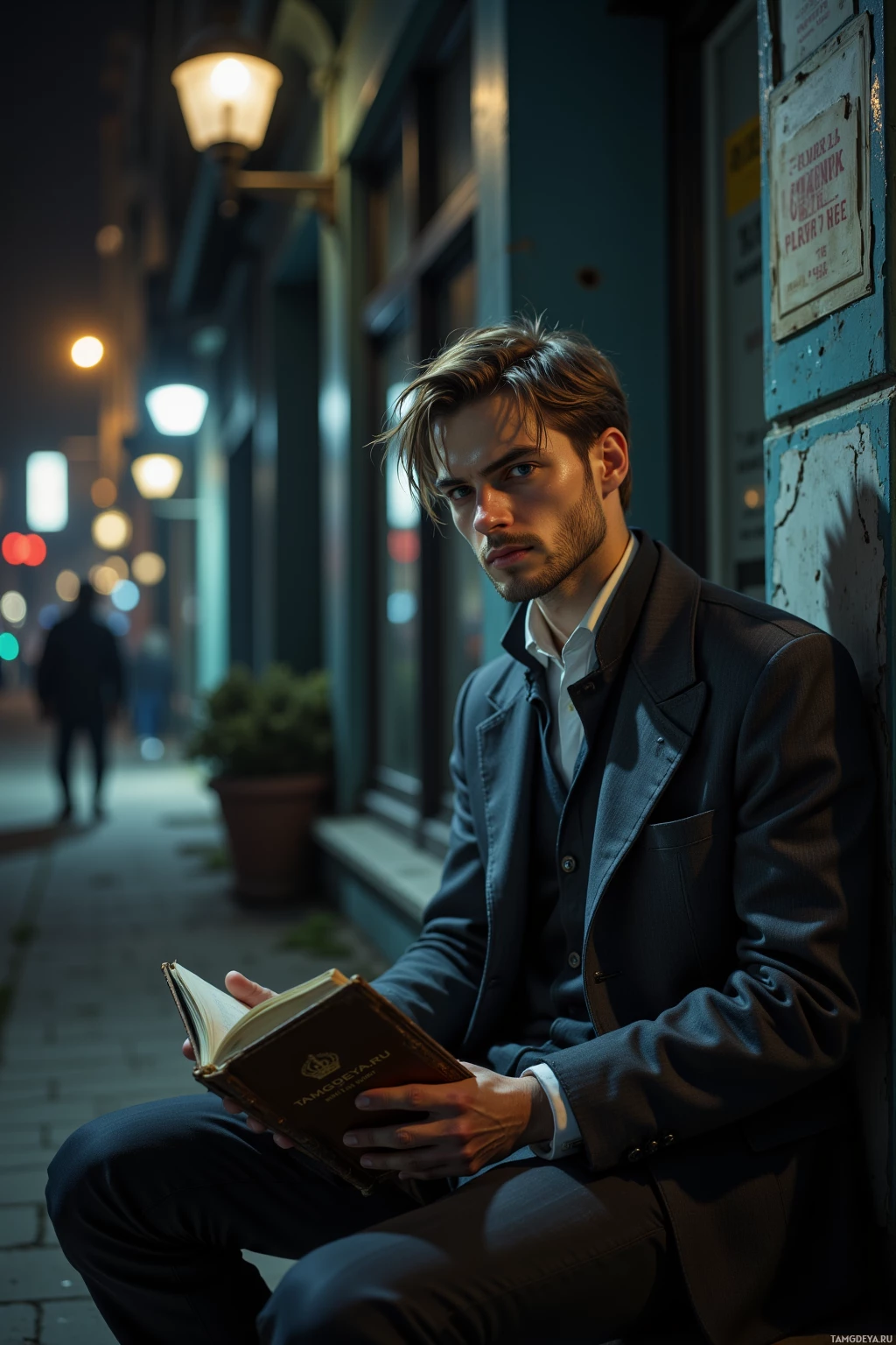 A man in a suit sits on a step at night, holding an open book.