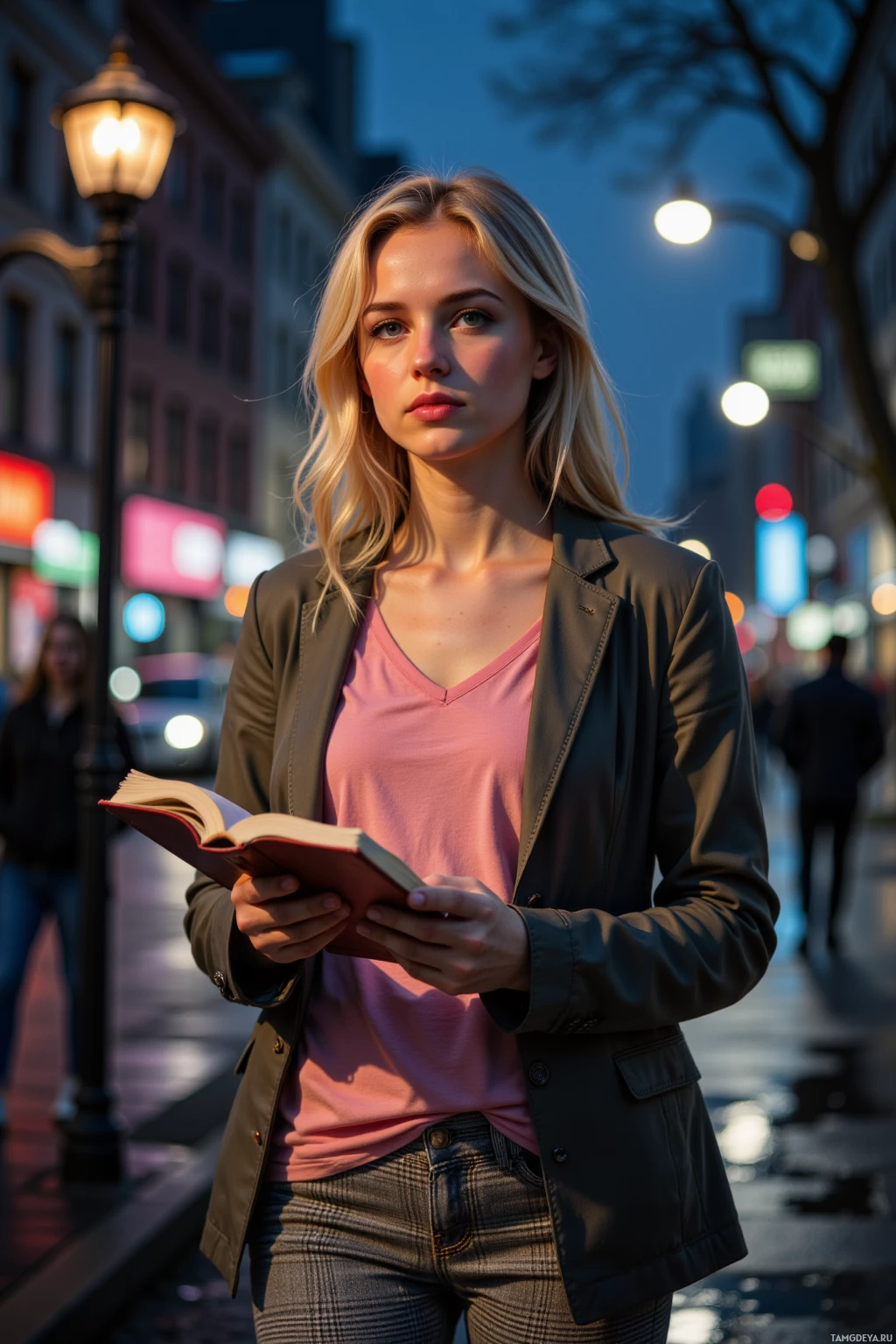 A woman stands on a city street at dusk, holding an open book.