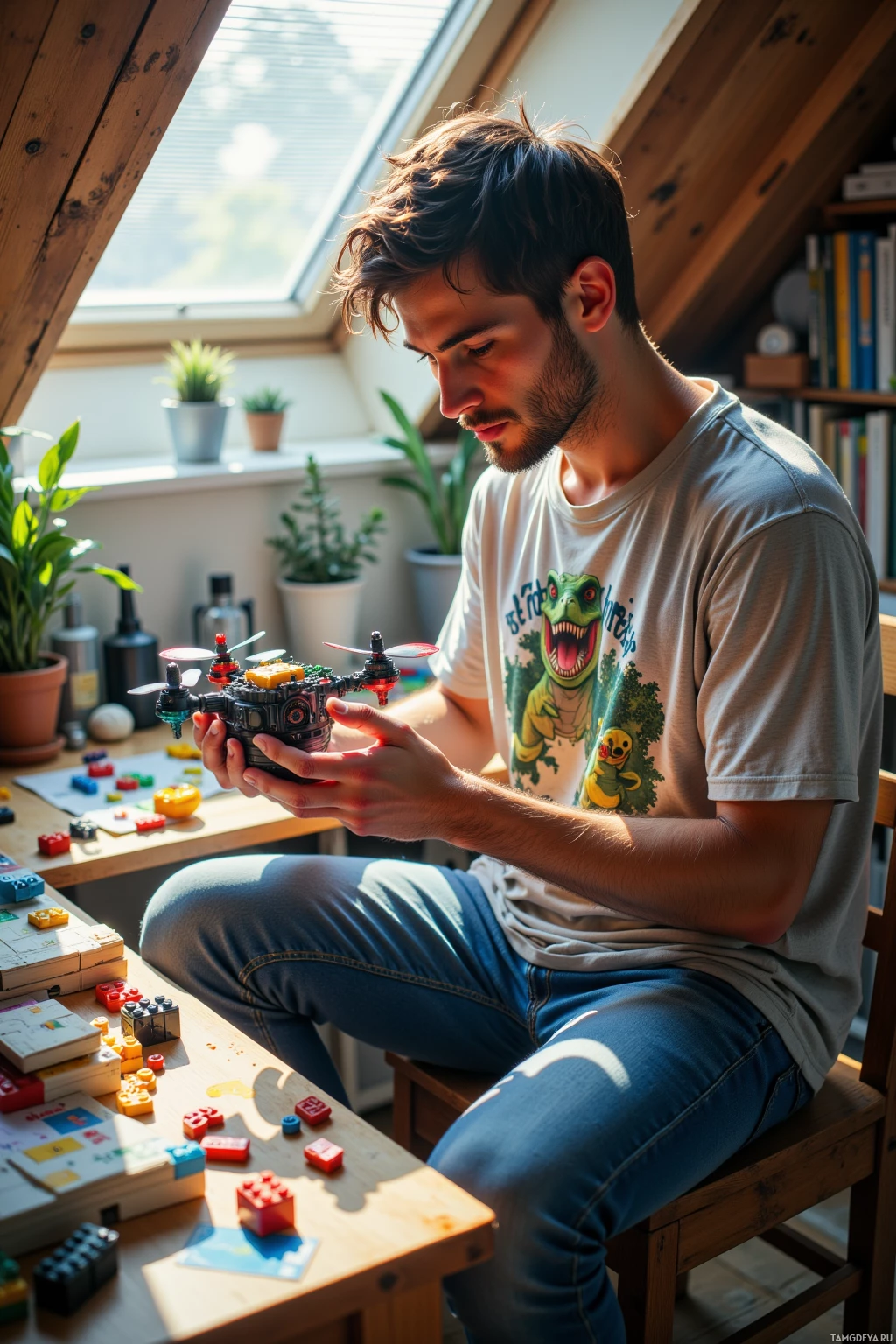 A person is sitting at a desk, holding and examining a small drone.