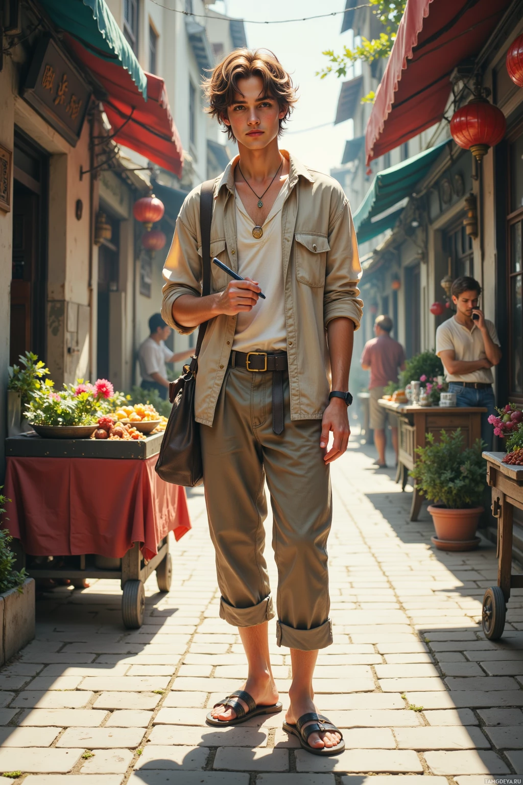 A person stands on a cobblestone street in a sunny urban setting, wearing a beige shirt and pants with sandals, holding a pen and a bag.