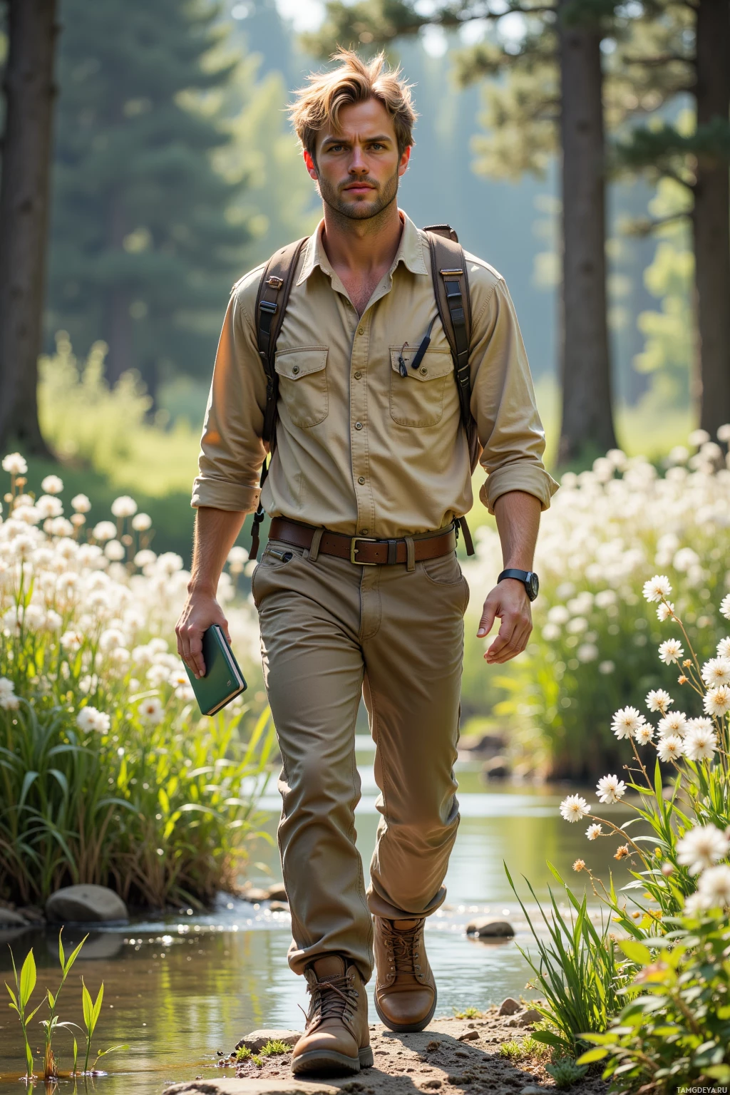 A man in a safari outfit walks along a riverbank surrounded by lush greenery.