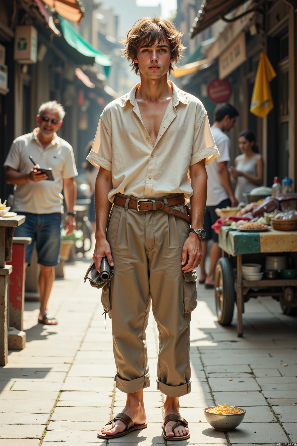 A young man stands in a sunlit alleyway, wearing a light-colored shirt and khaki pants, holding a rolled-up item.