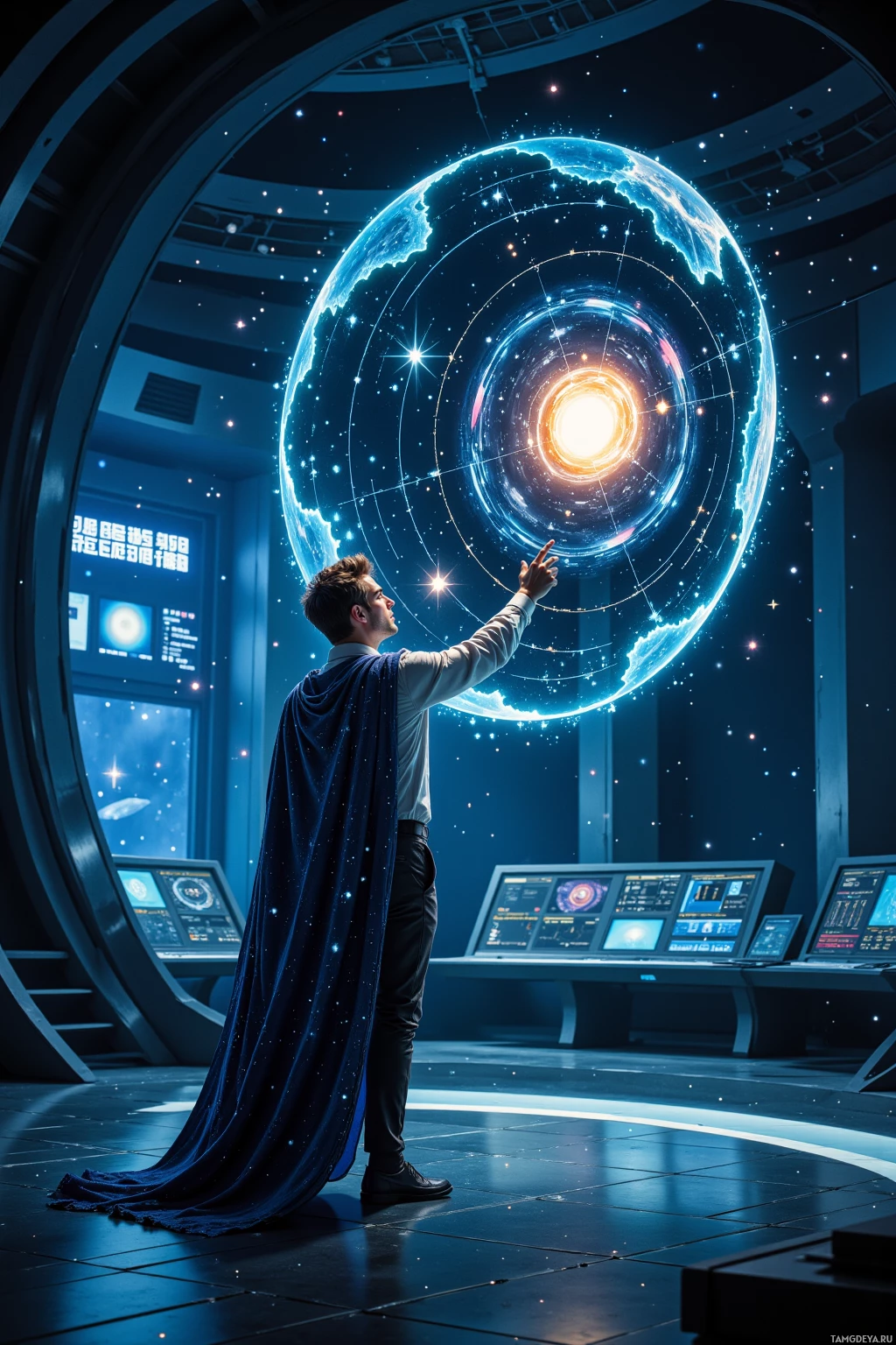 A person in a futuristic setting interacts with a large, glowing, celestial display.